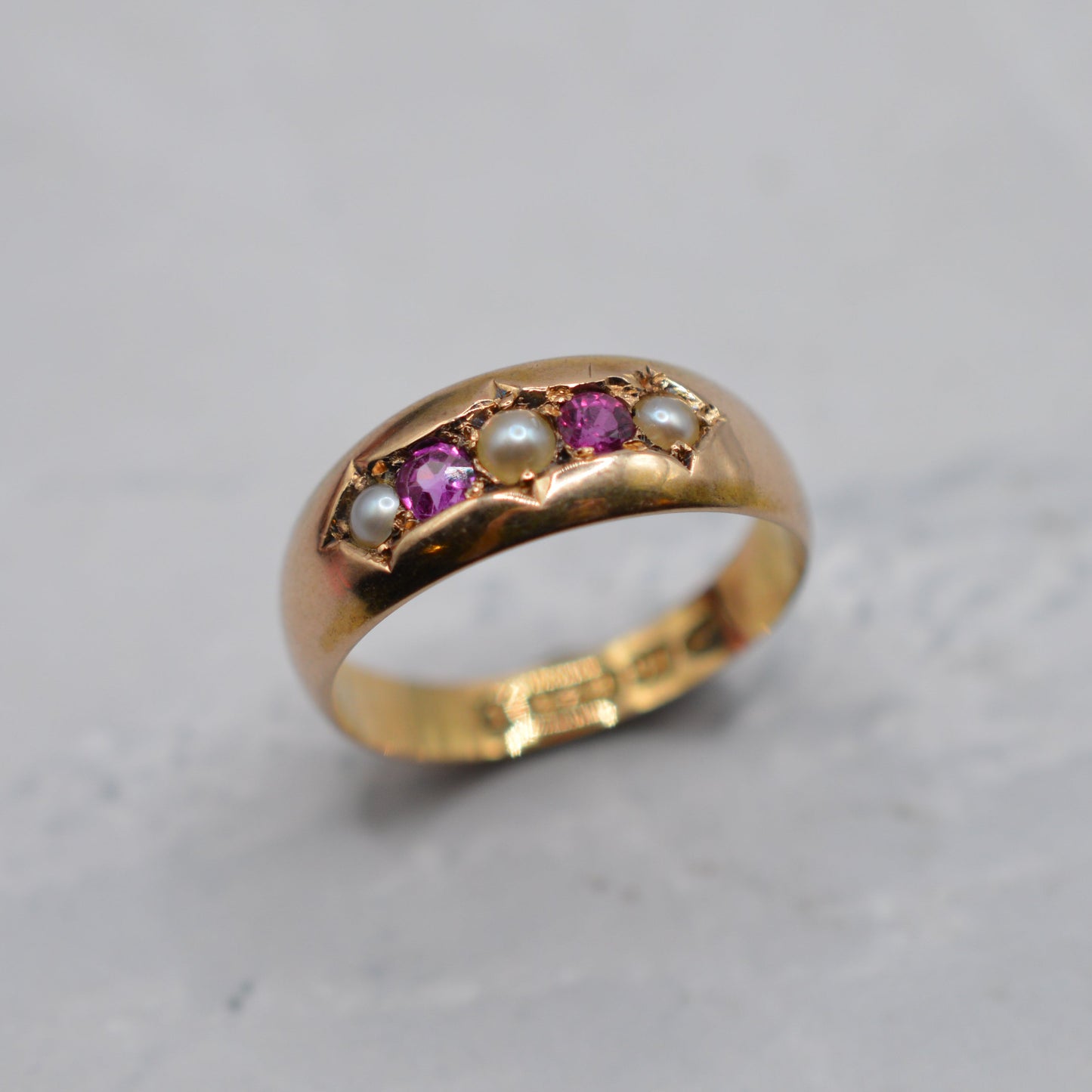 1886 Antique Victorian 15ct Gold Ruby & Pearl Ring