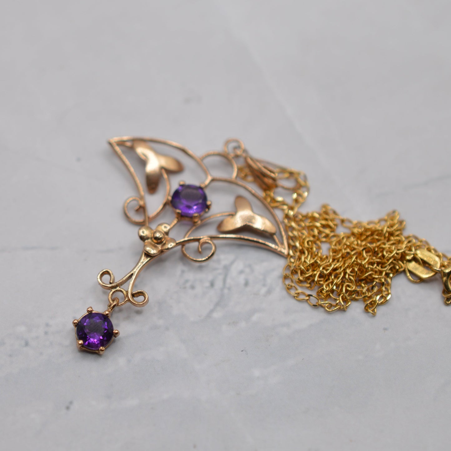 Antique Art Nouveau 9ct Gold Amethyst Lavalier Pendant Necklace (18”)