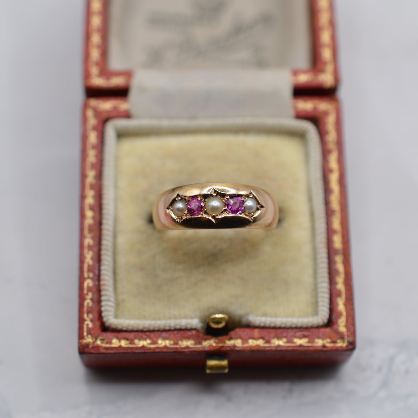 1886 Antique Victorian 15ct Gold Ruby & Pearl Ring