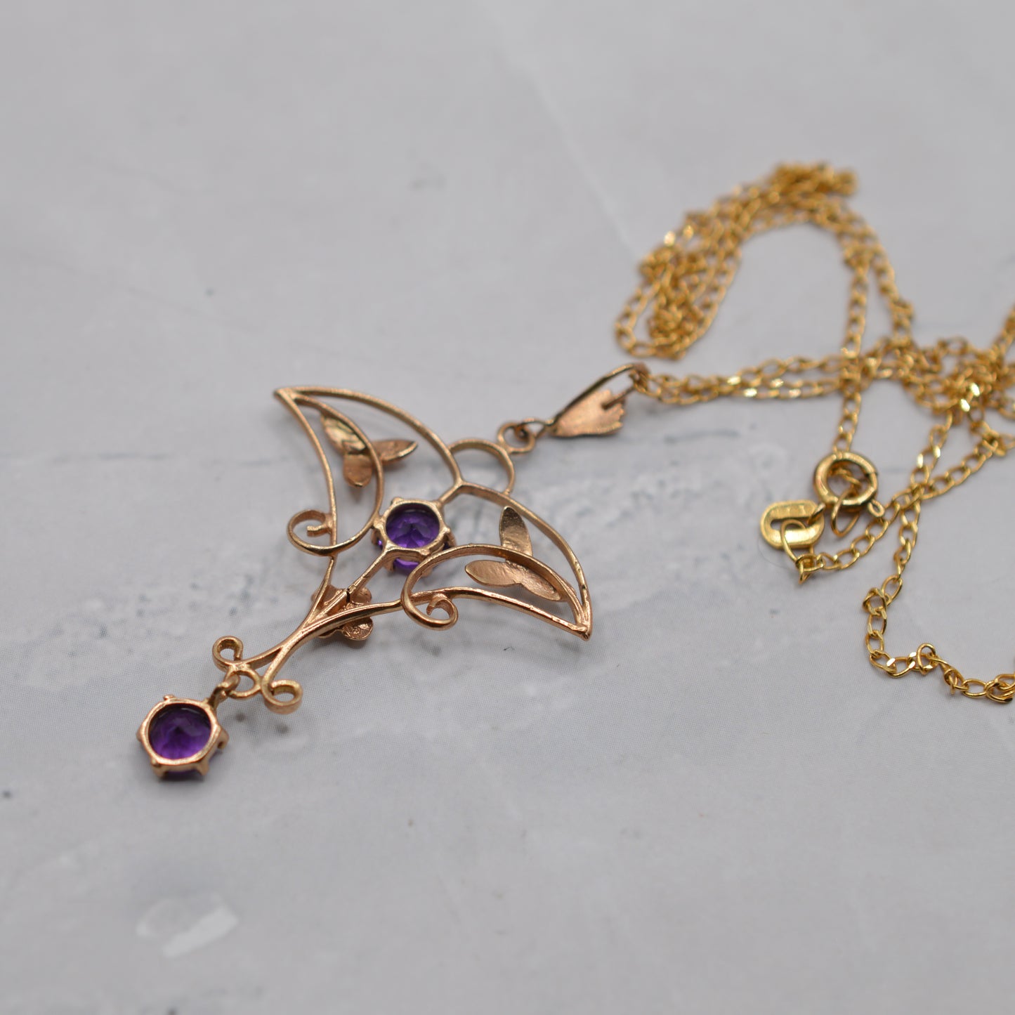 Antique Art Nouveau 9ct Gold Amethyst Lavalier Pendant Necklace (18”)
