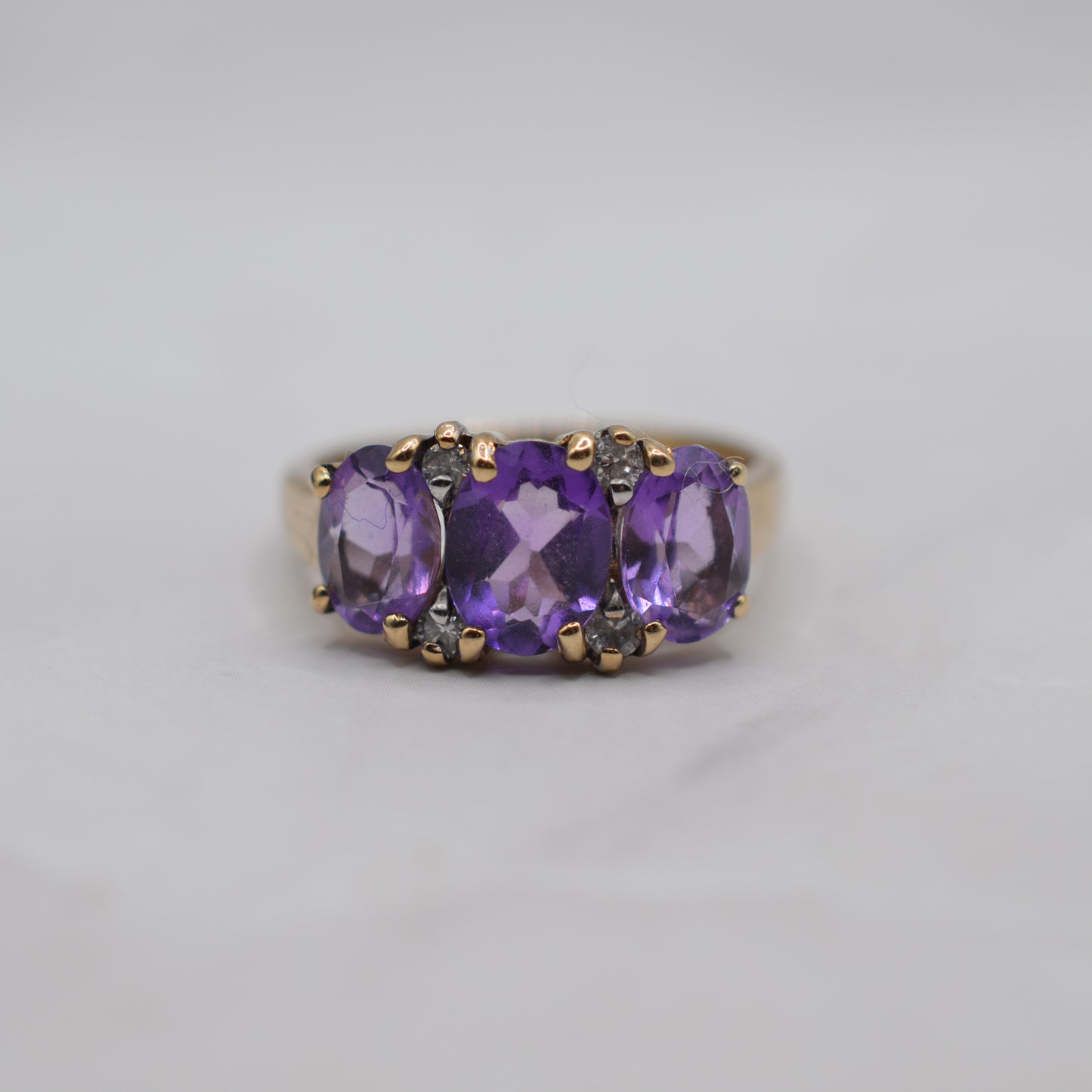 Chunky 9ct Gold Amethyst & Diamond Trilogy Ring