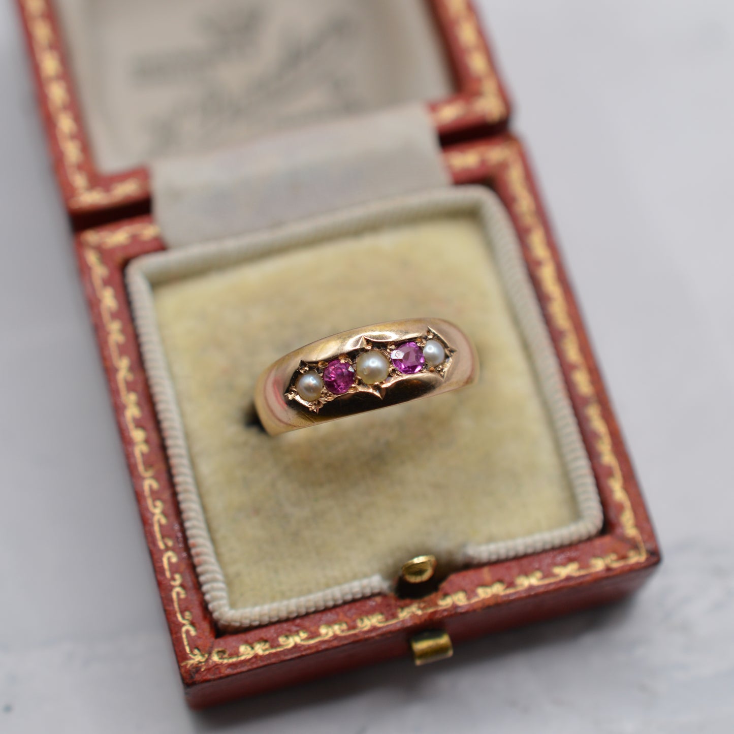 1886 Antique Victorian 15ct Gold Ruby & Pearl Ring
