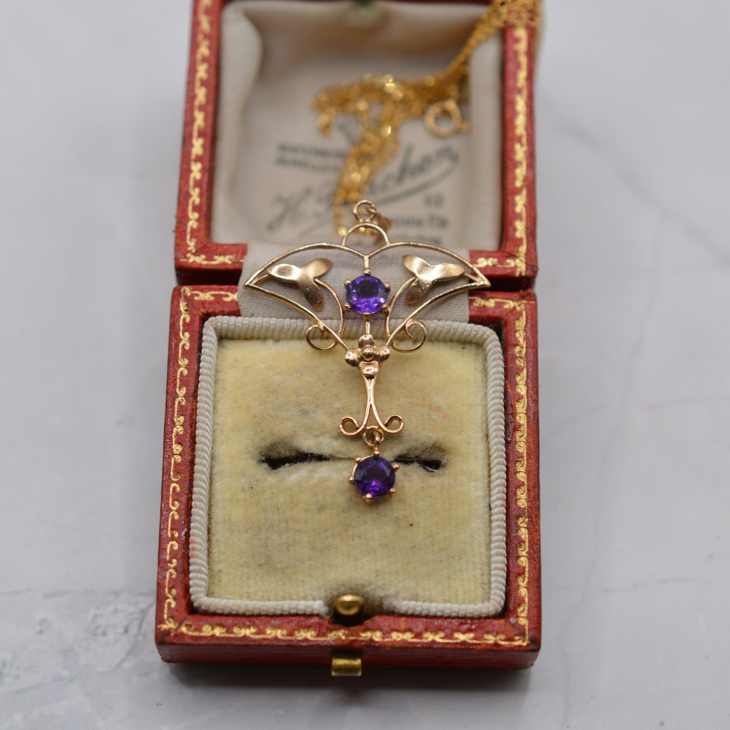 Antique Art Nouveau 9ct Gold Amethyst Lavalier Pendant Necklace (18”)