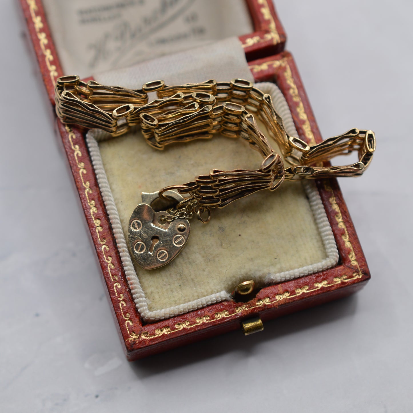 1990s 9ct Gold Four-Bar Gate Bracelet with Heart Padlock