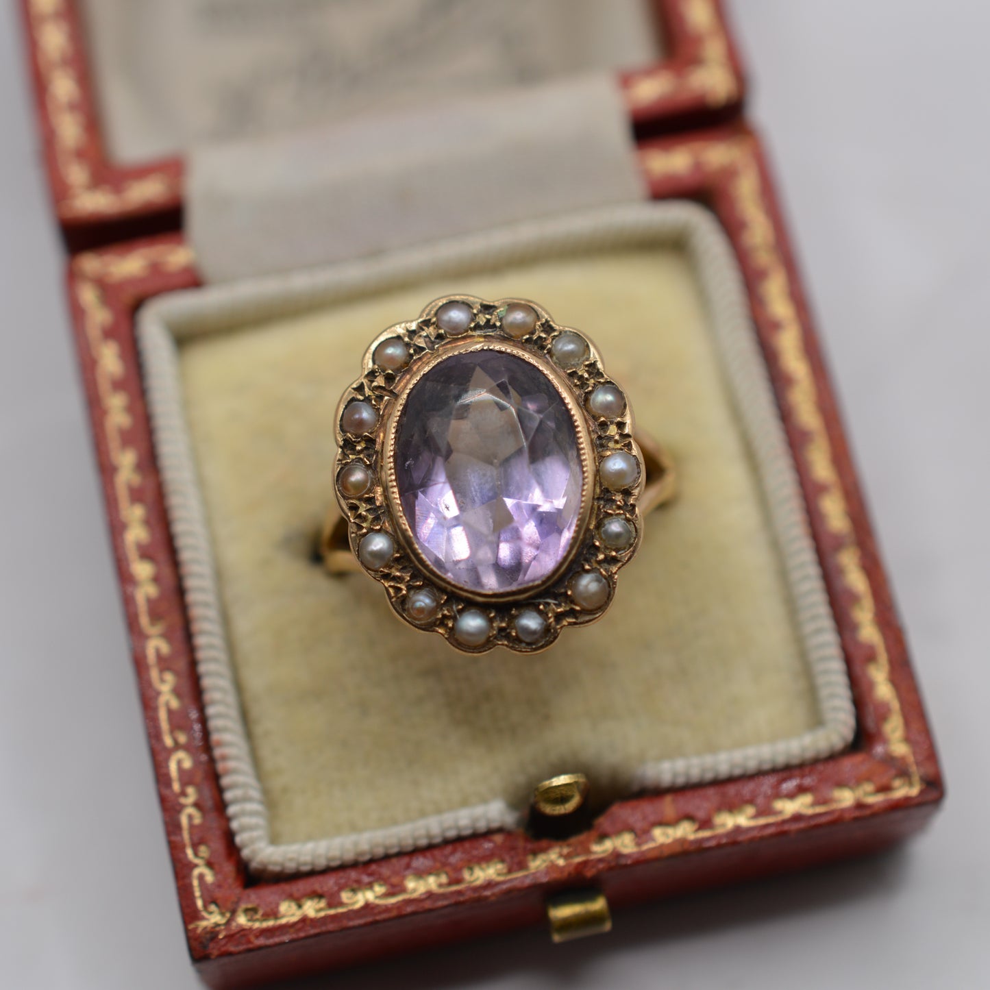 Antique Chunky Victorian 9ct Gold Amethyst & Pearl Cluster Ring