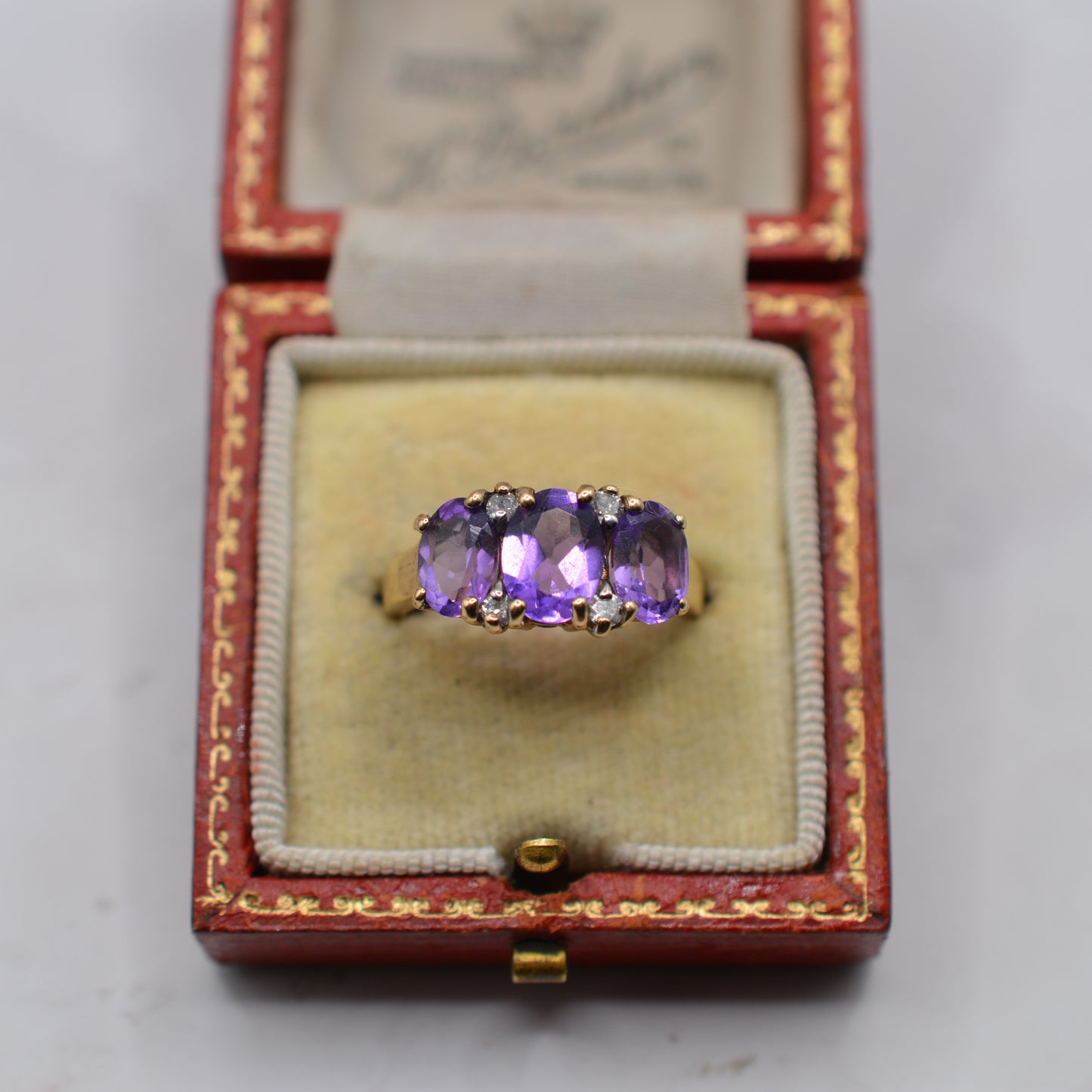 Chunky 9ct Gold Amethyst & Diamond Trilogy Ring