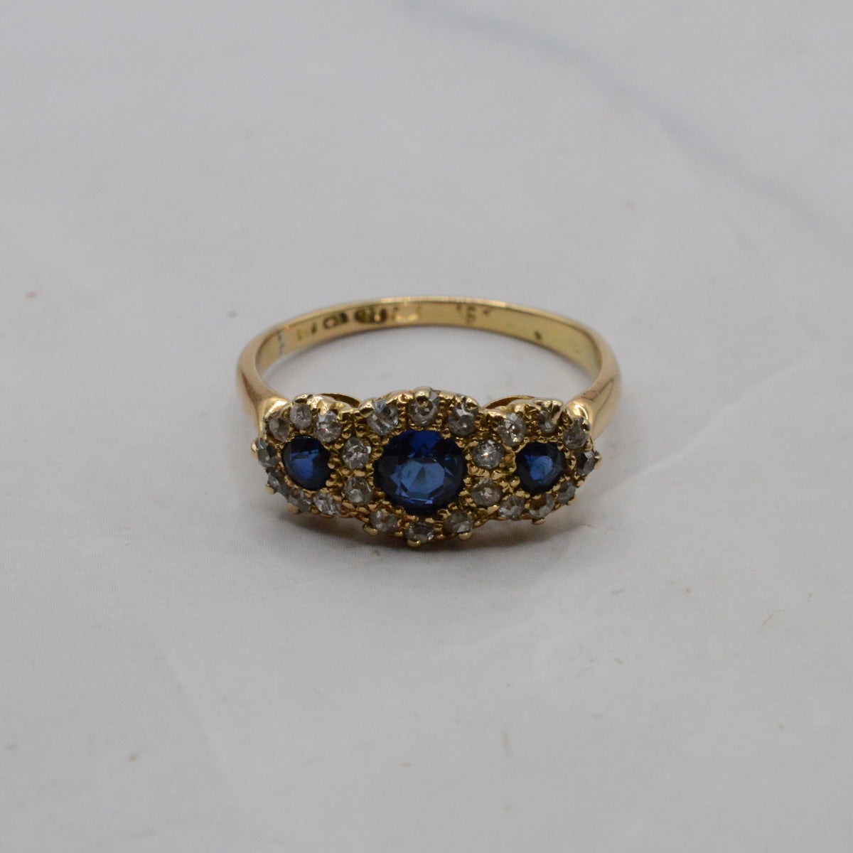 1906 Edwardian Antique 18ct Gold Sapphire & Diamond Trilogy Cluster Ring