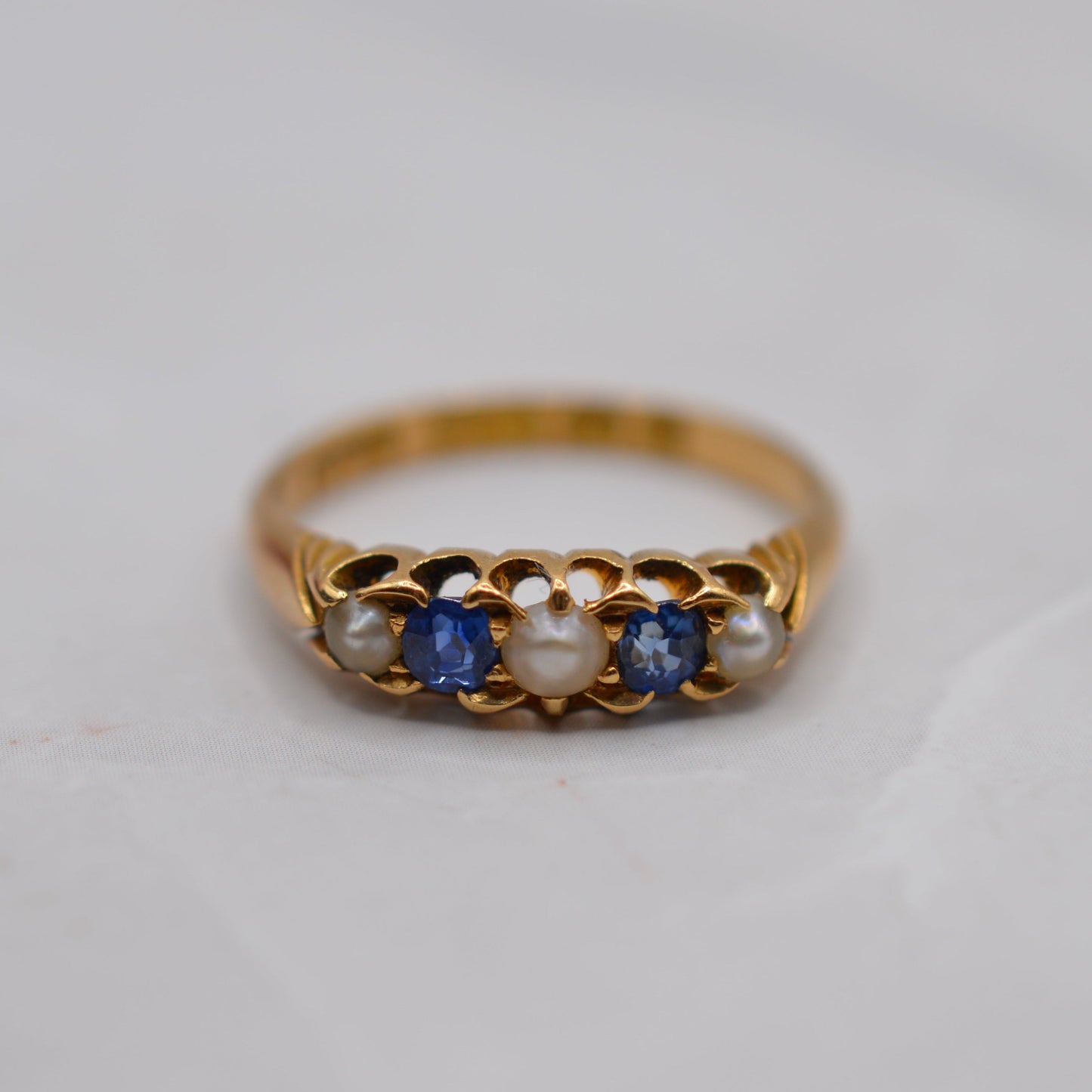 Antique 1896 Late Victorian 18ct Gold Sapphire & Pearl Five-Stone Ring