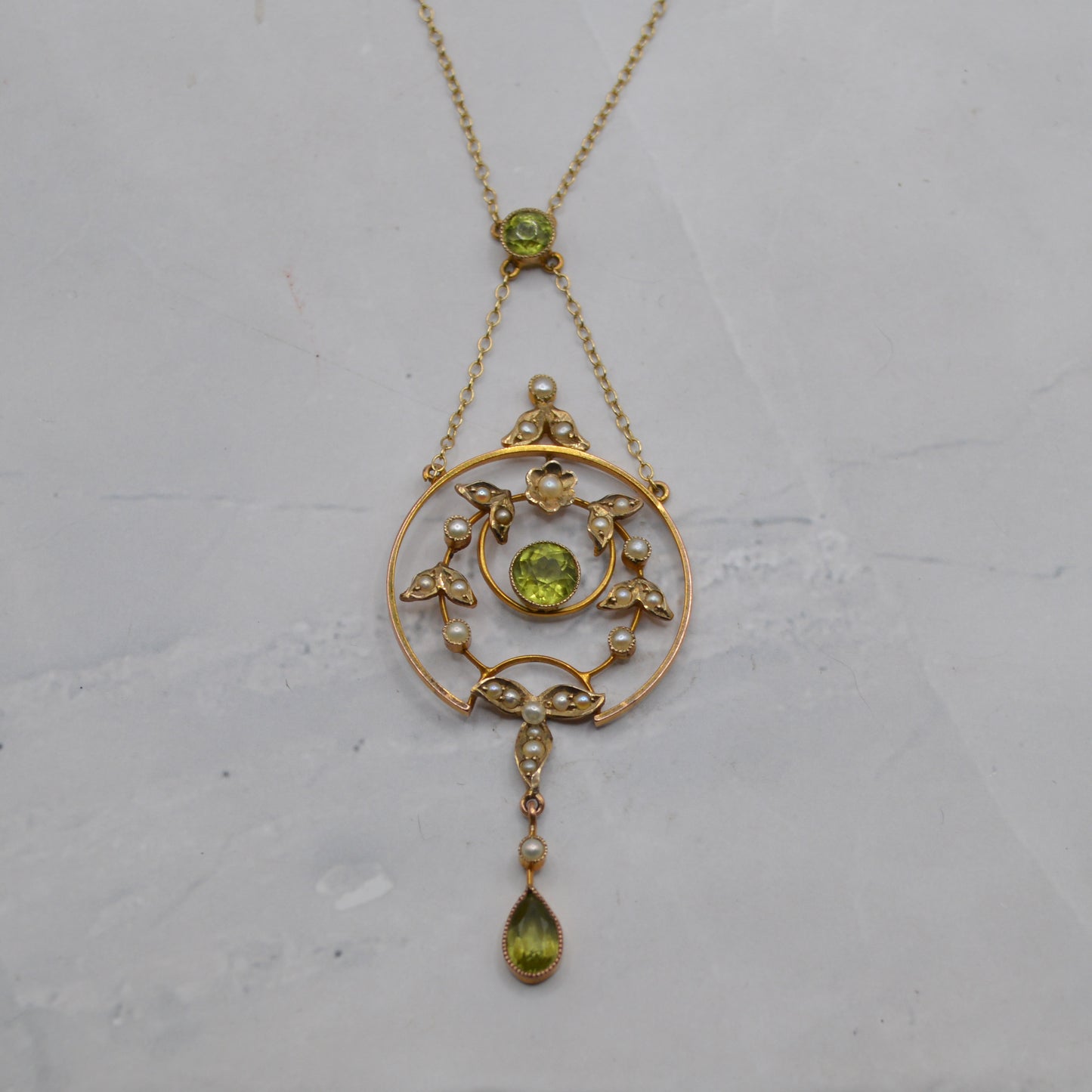 Antique Art Nouveau 9ct Gold Pearl & Peridot Lavalier Necklace (17”)
