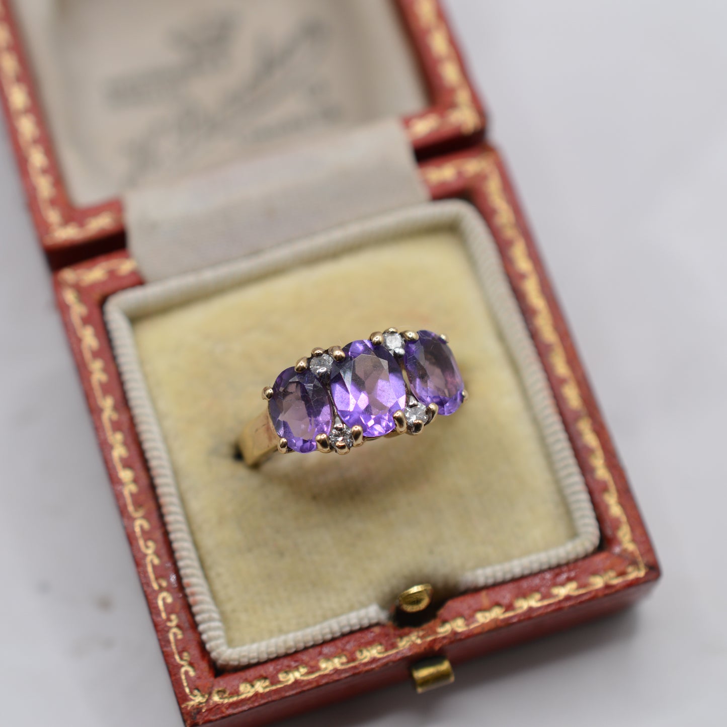 Chunky 9ct Gold Amethyst & Diamond Trilogy Ring
