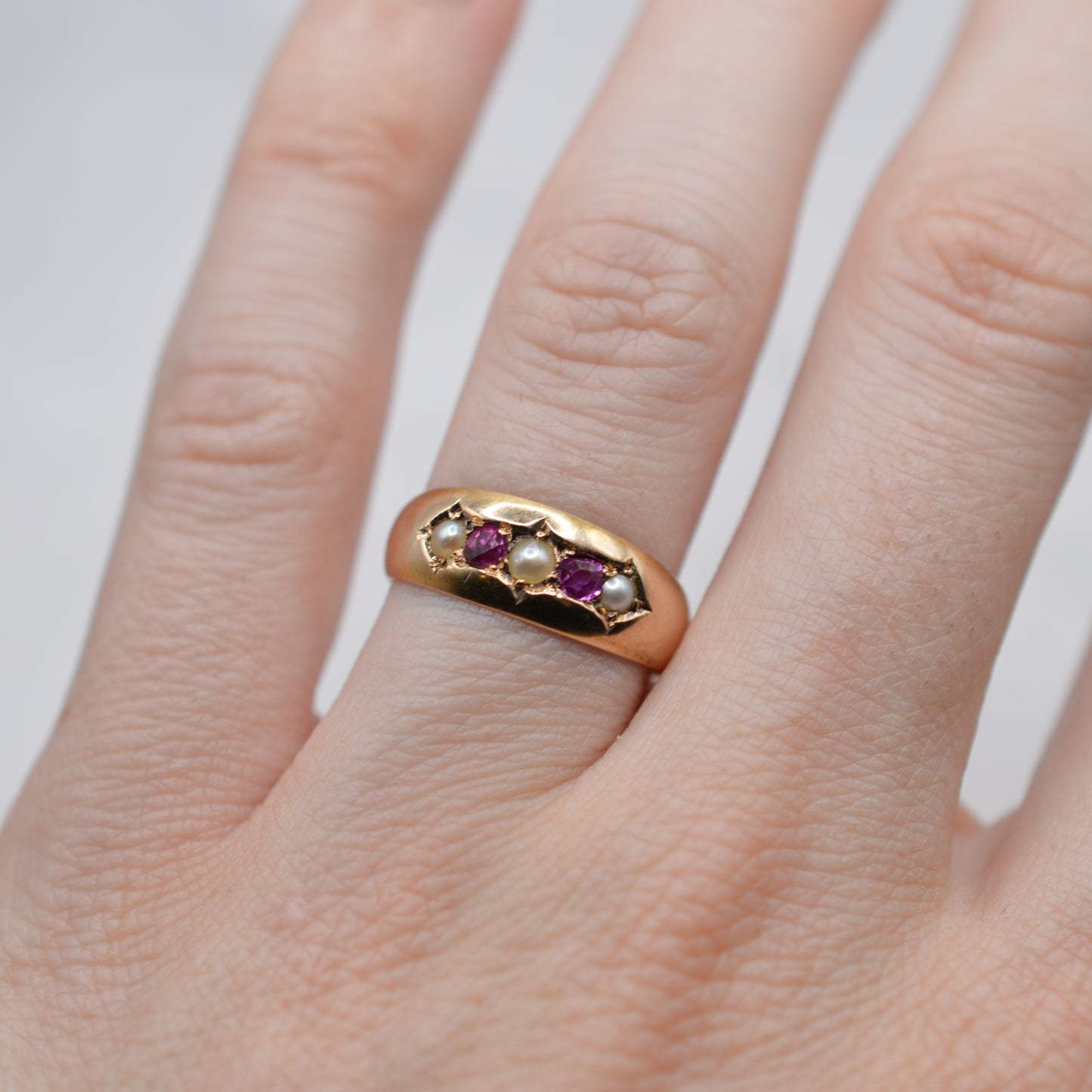 1886 Antique Victorian 15ct Gold Ruby & Pearl Ring