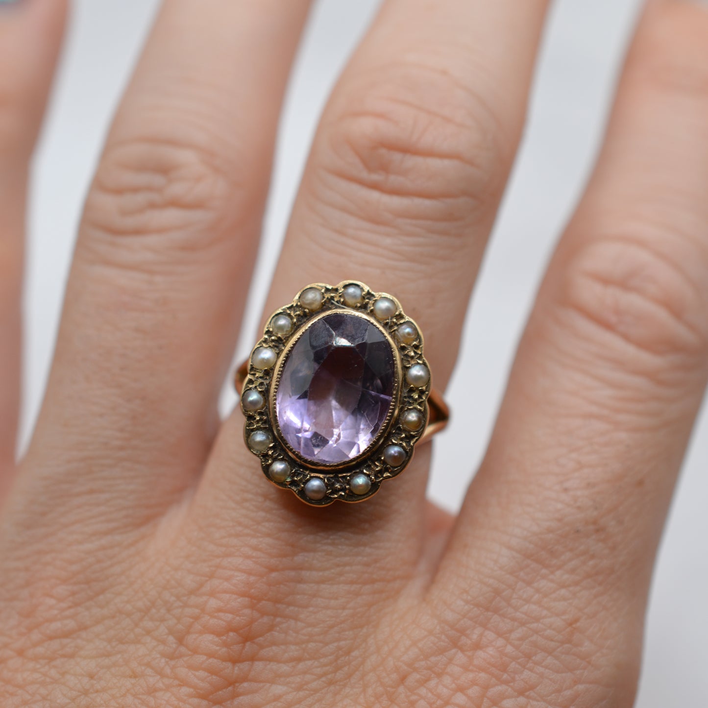 Antique Chunky Victorian 9ct Gold Amethyst & Pearl Cluster Ring