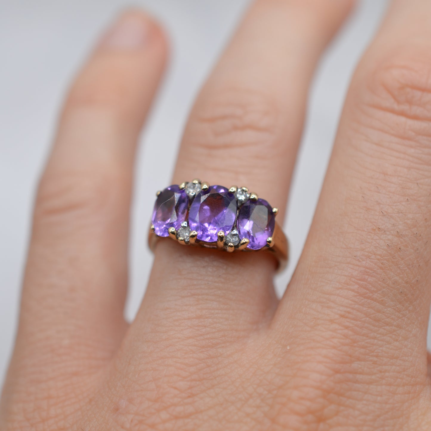 Chunky 9ct Gold Amethyst & Diamond Trilogy Ring