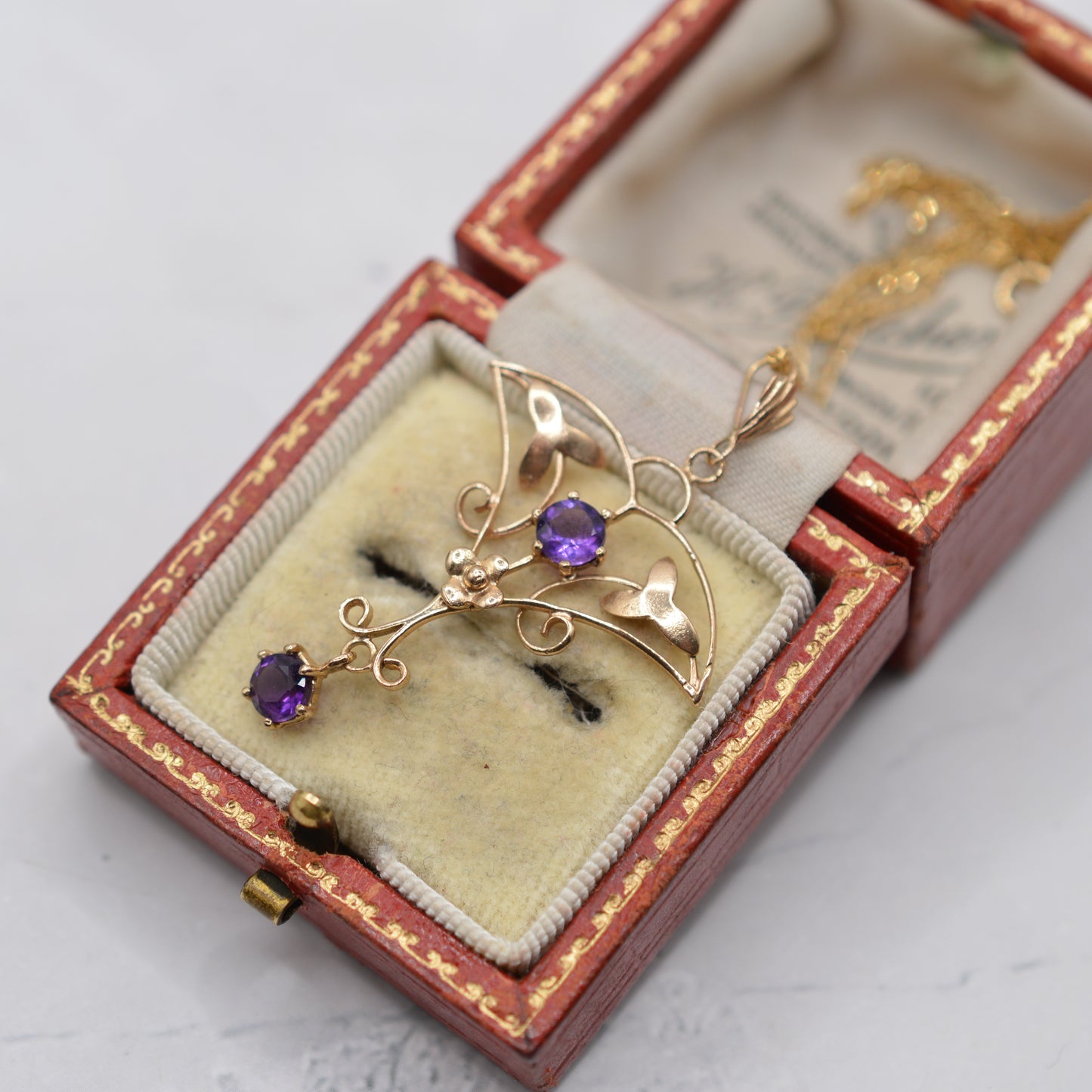 Antique Art Nouveau 9ct Gold Amethyst Lavalier Pendant Necklace (18”)