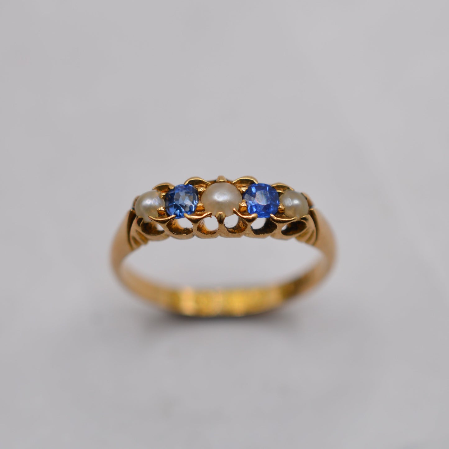 Antique 1896 Late Victorian 18ct Gold Sapphire & Pearl Five-Stone Ring