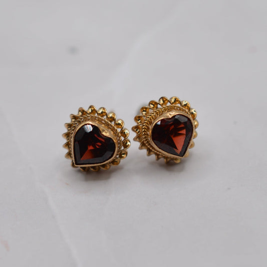 1990s 9ct Gold Garnet Heart Stud Earrings
