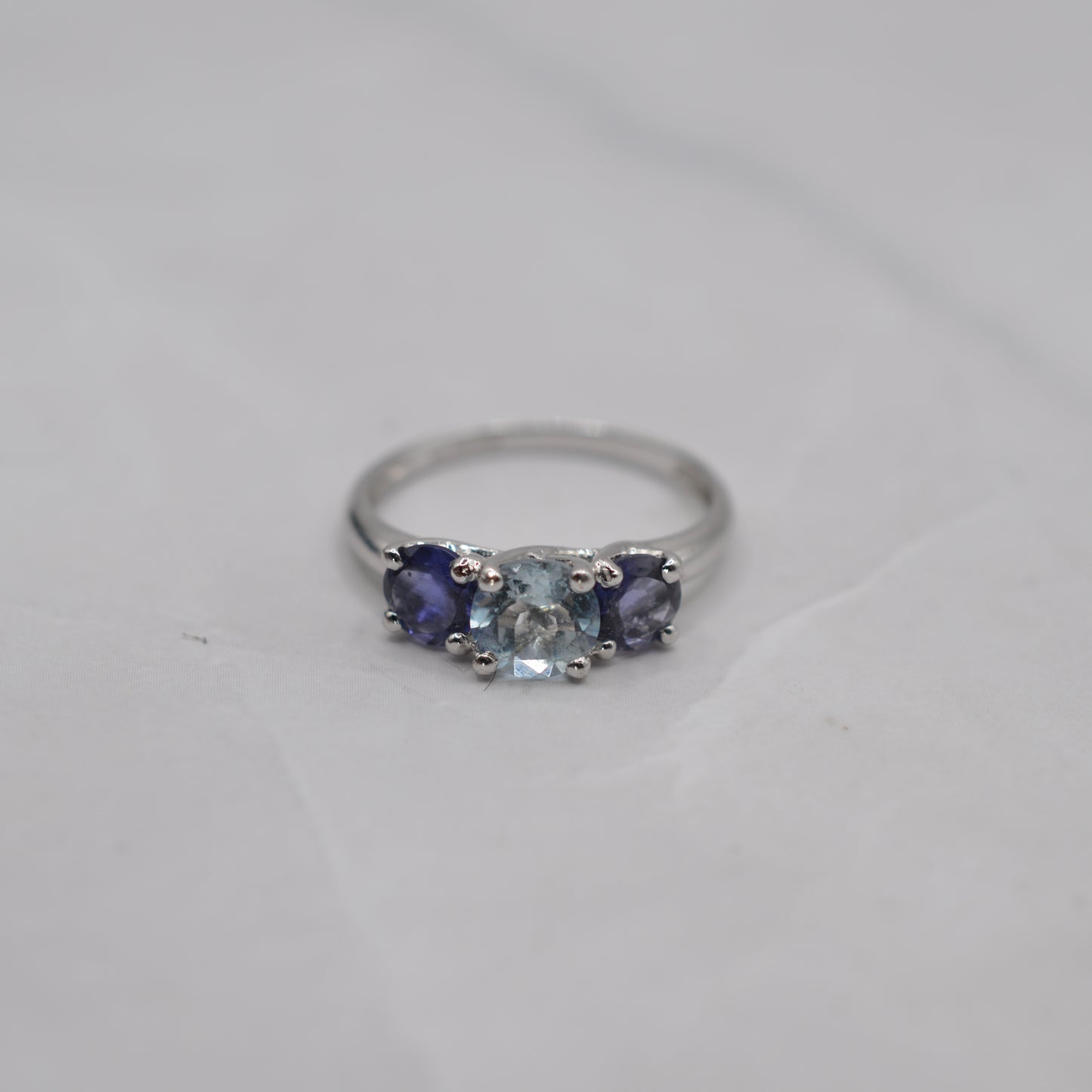 9ct White Gold Aquamarine & Iolite Trilogy Ring