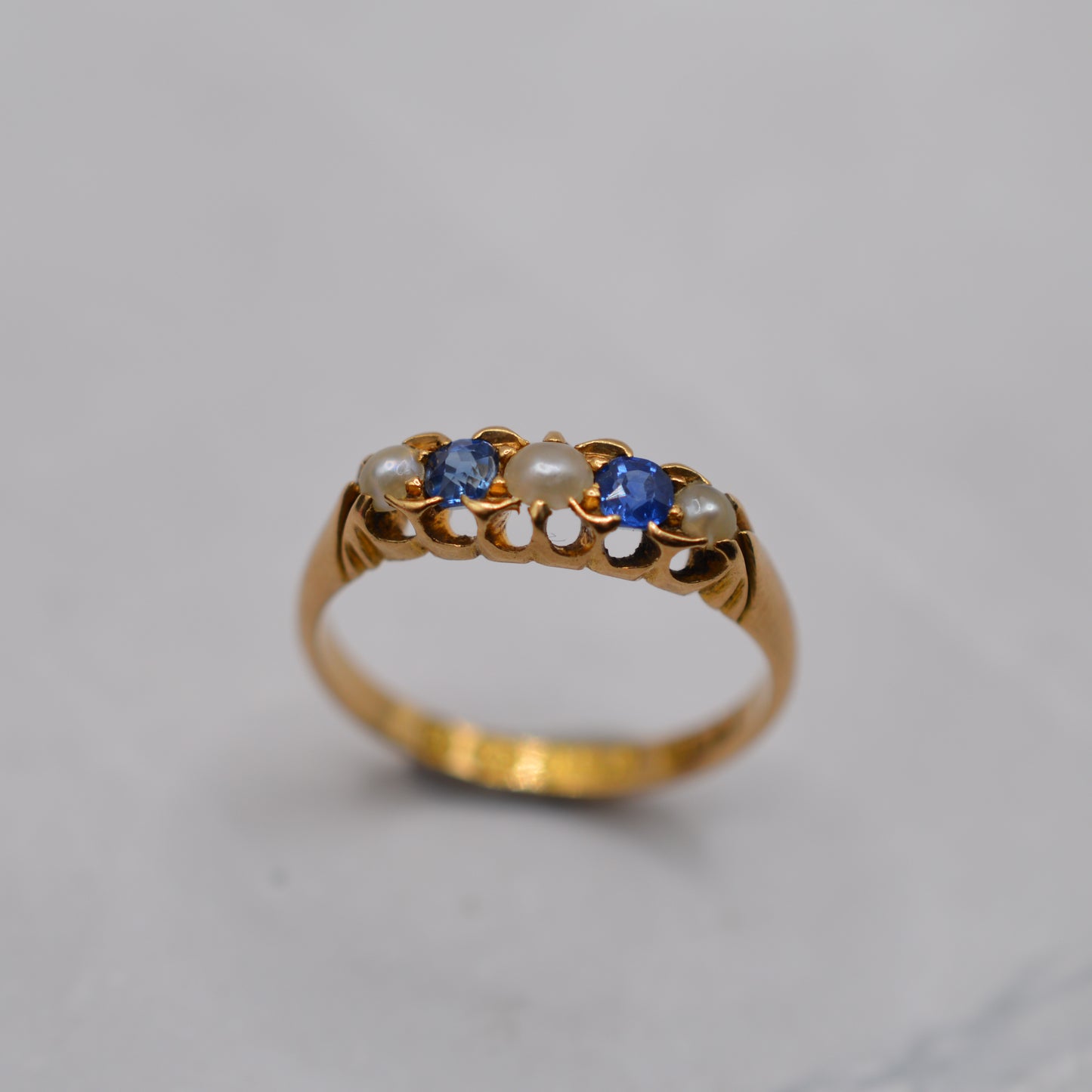 Antique 1896 Late Victorian 18ct Gold Sapphire & Pearl Five-Stone Ring