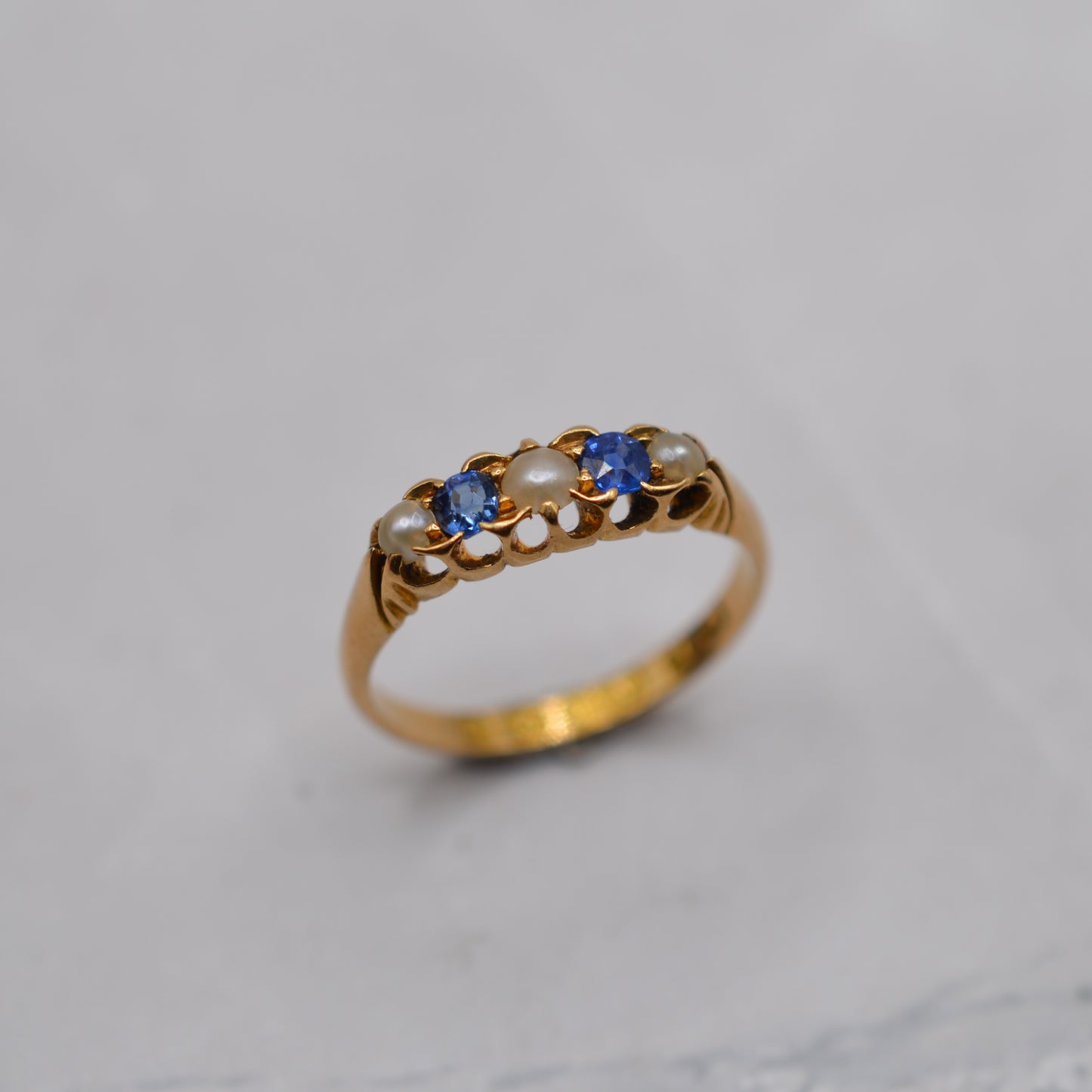 Antique 1896 Late Victorian 18ct Gold Sapphire & Pearl Five-Stone Ring