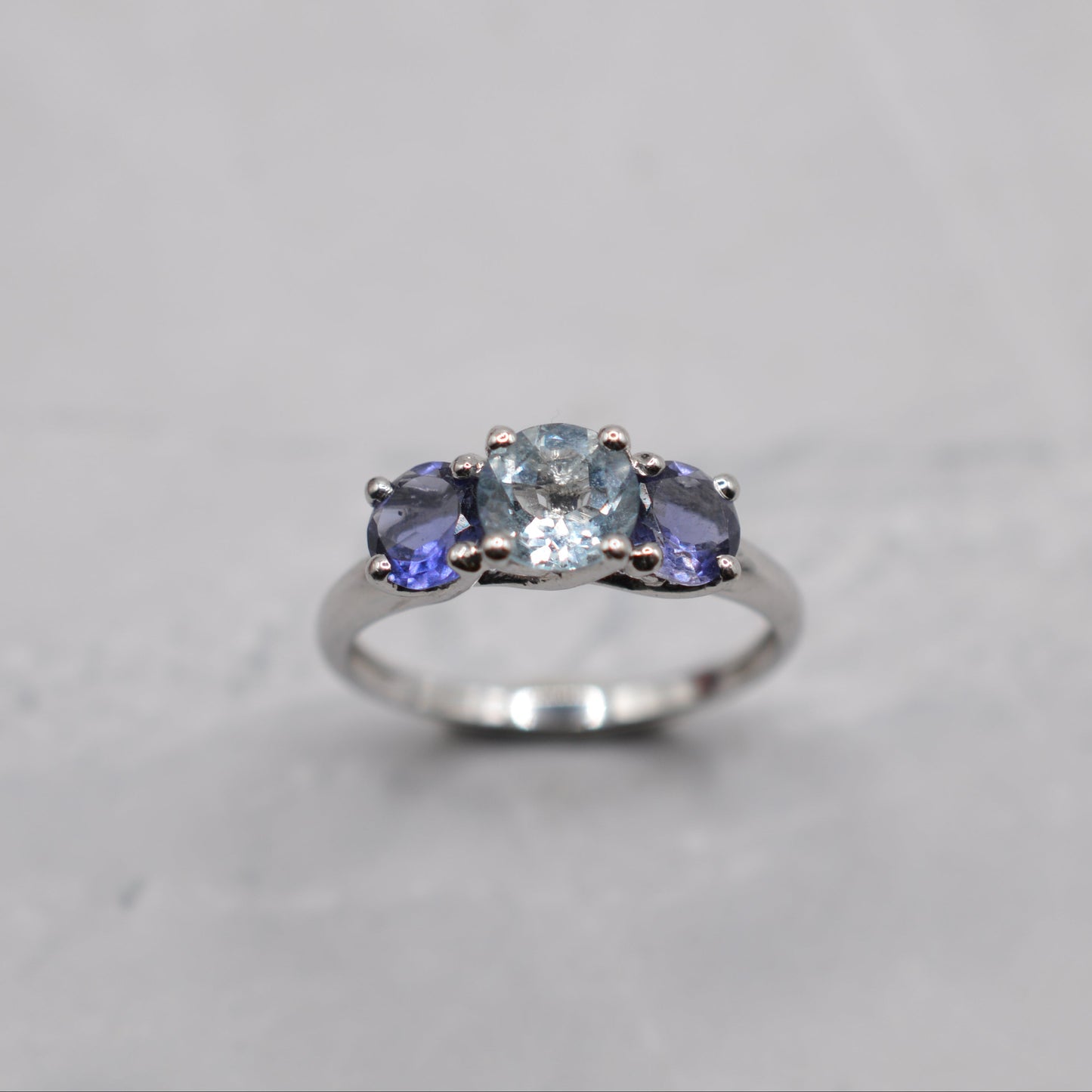9ct White Gold Aquamarine & Iolite Trilogy Ring