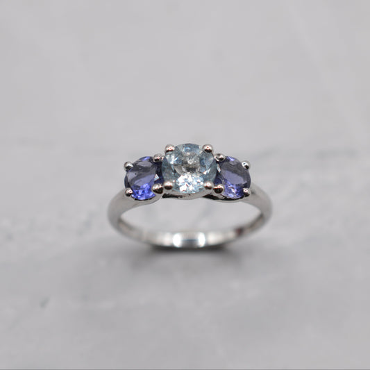 9ct White Gold Aquamarine & Iolite Trilogy Ring