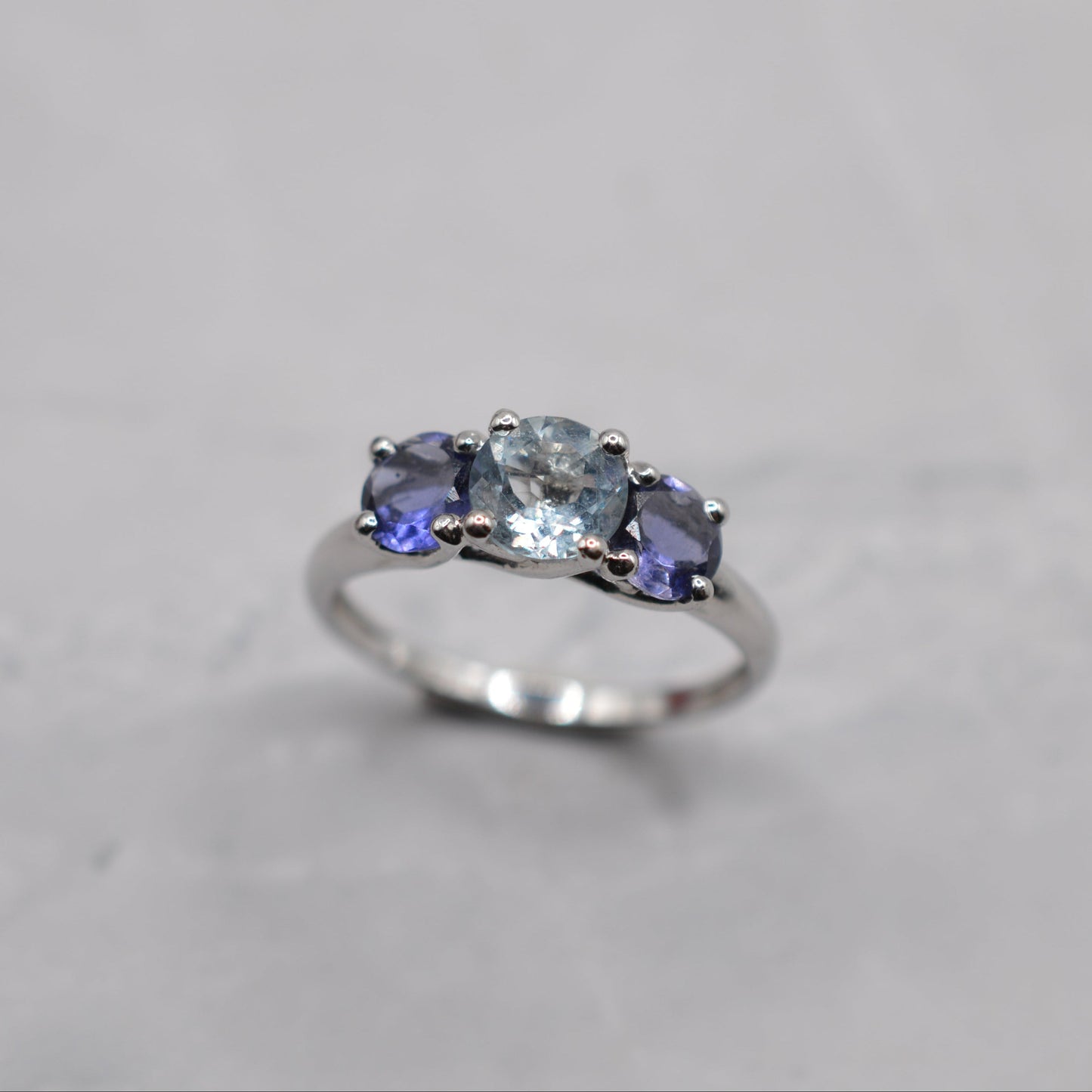9ct White Gold Aquamarine & Iolite Trilogy Ring