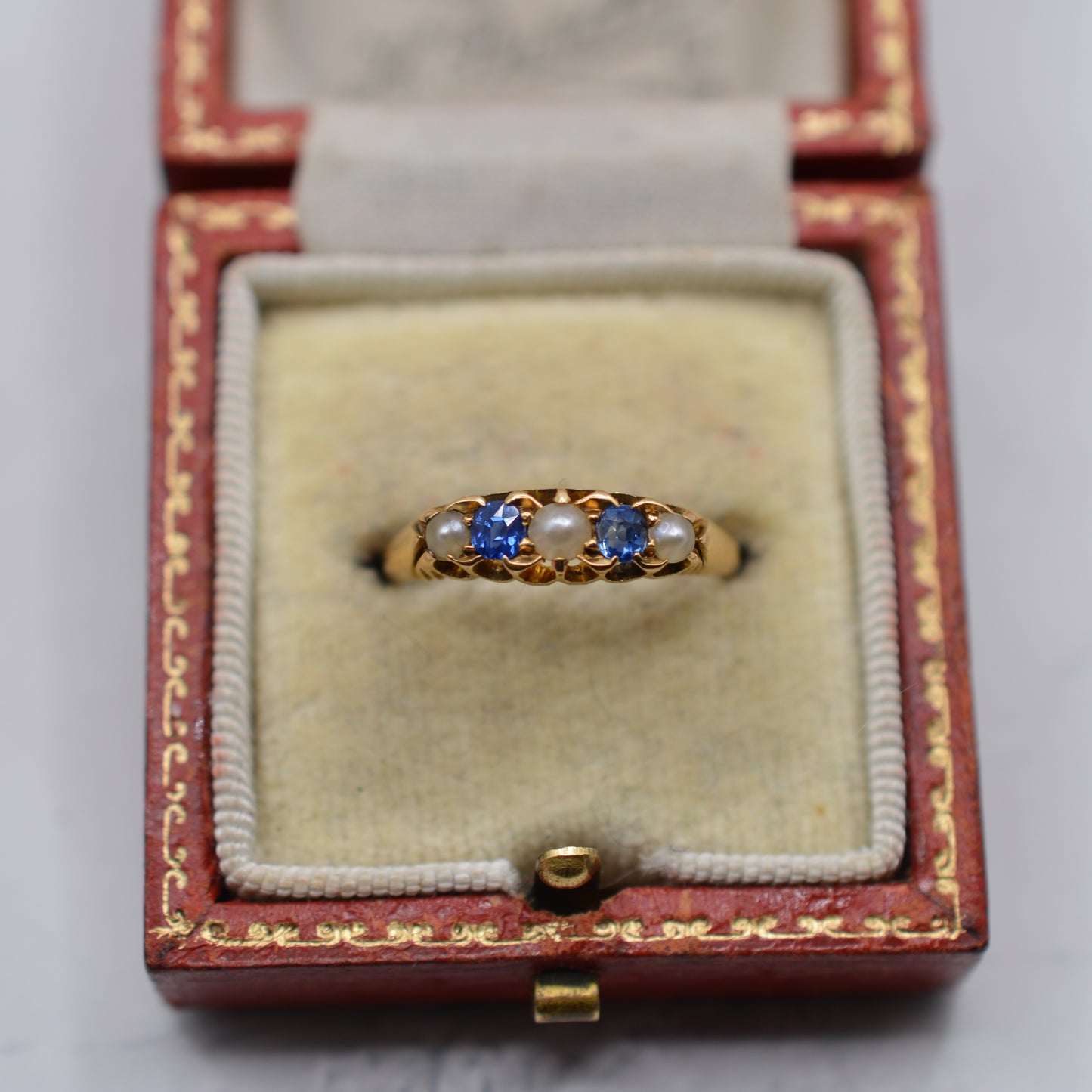 Antique 1896 Late Victorian 18ct Gold Sapphire & Pearl Five-Stone Ring