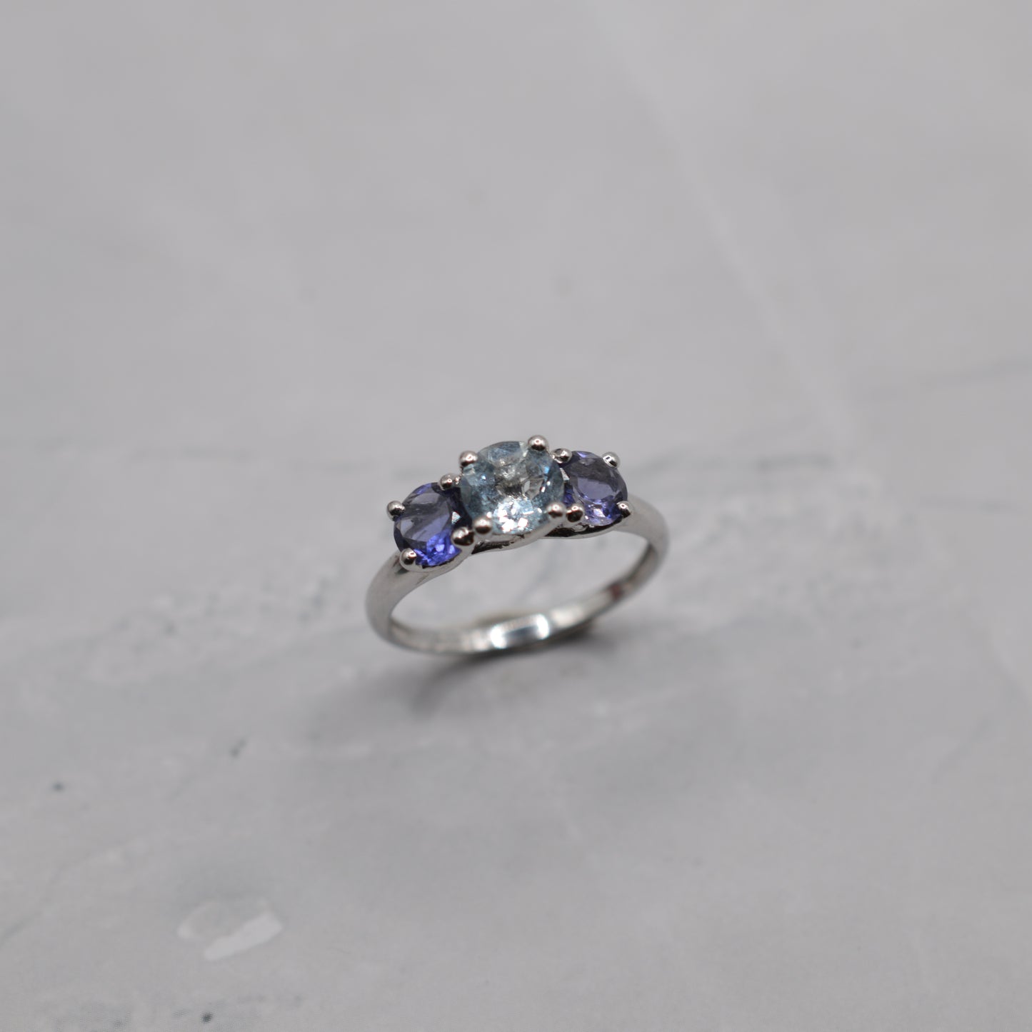 9ct White Gold Aquamarine & Iolite Trilogy Ring