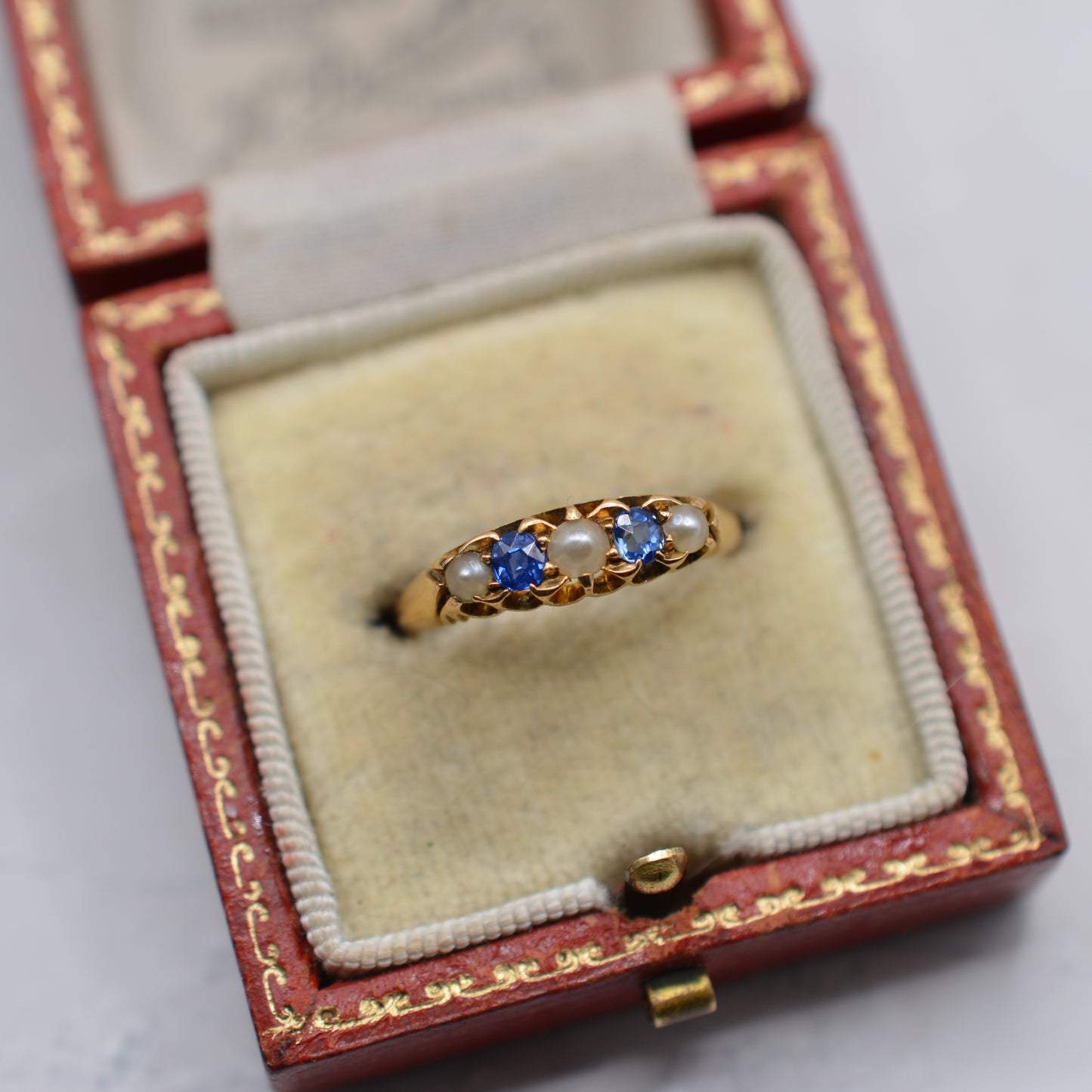 Antique 1896 Late Victorian 18ct Gold Sapphire & Pearl Five-Stone Ring