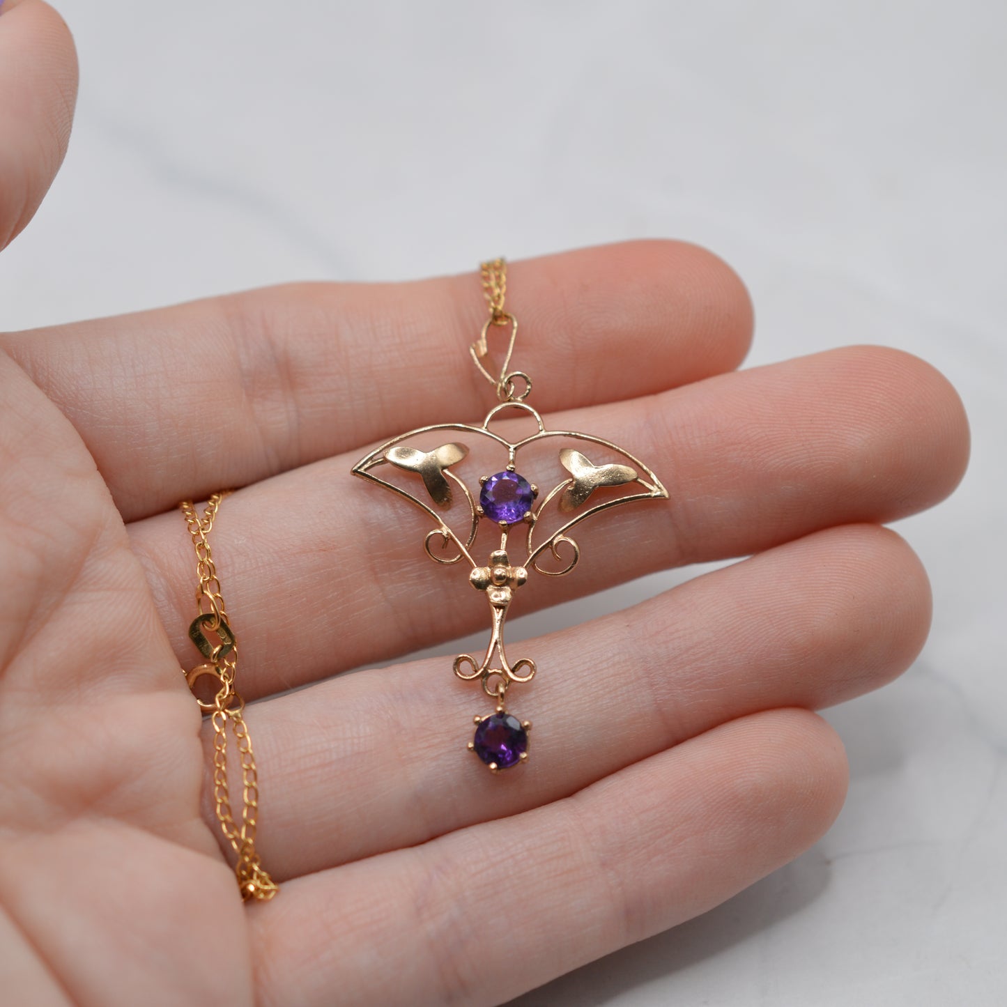 Antique Art Nouveau 9ct Gold Amethyst Lavalier Pendant Necklace (18”)