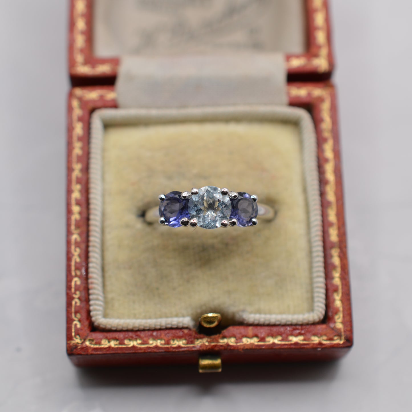 9ct White Gold Aquamarine & Iolite Trilogy Ring