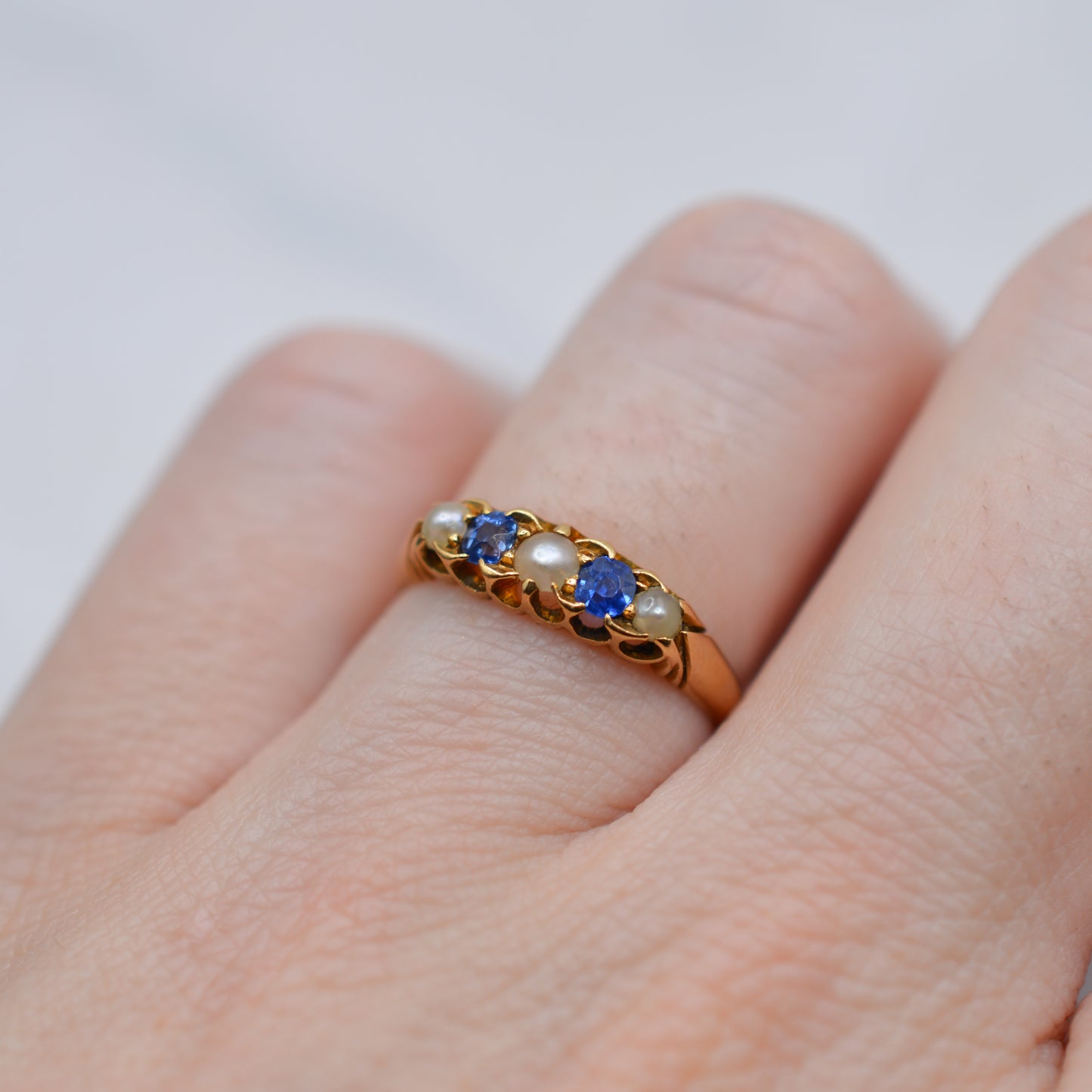 Antique 1896 Late Victorian 18ct Gold Sapphire & Pearl Five-Stone Ring