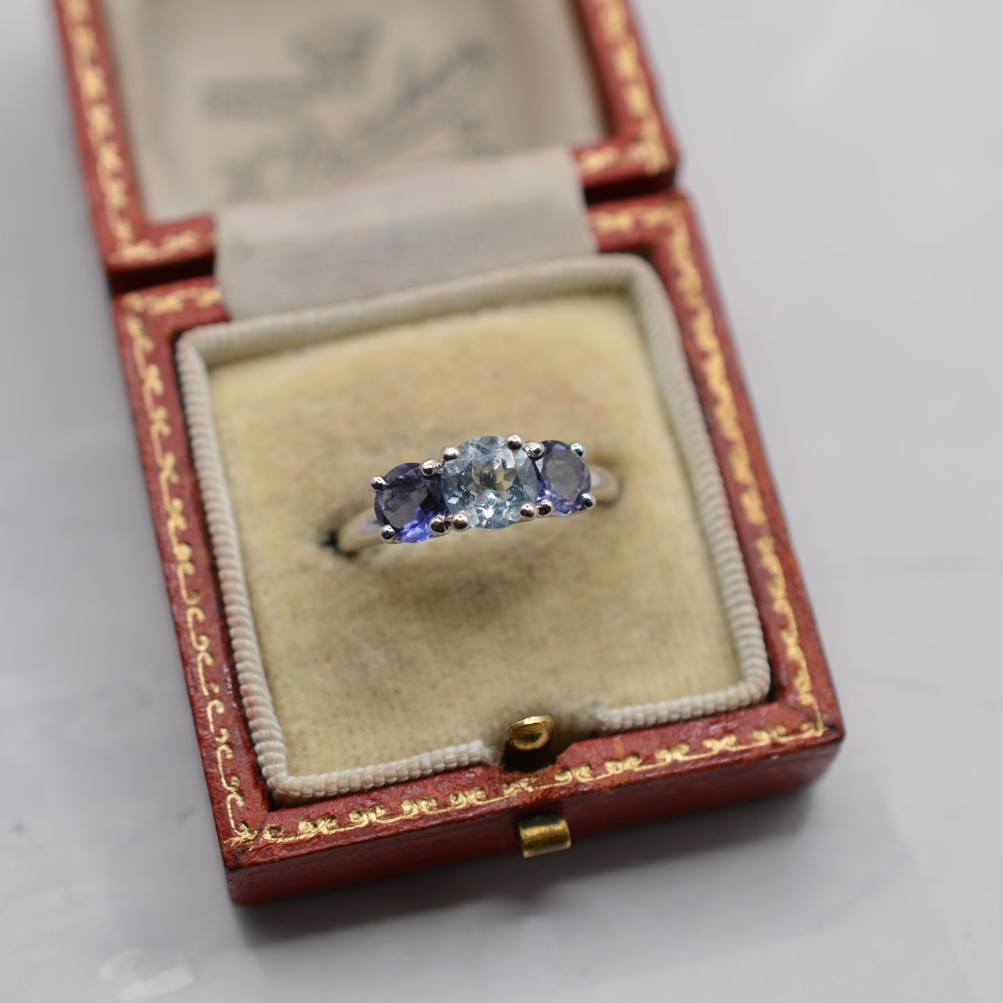 9ct White Gold Aquamarine & Iolite Trilogy Ring