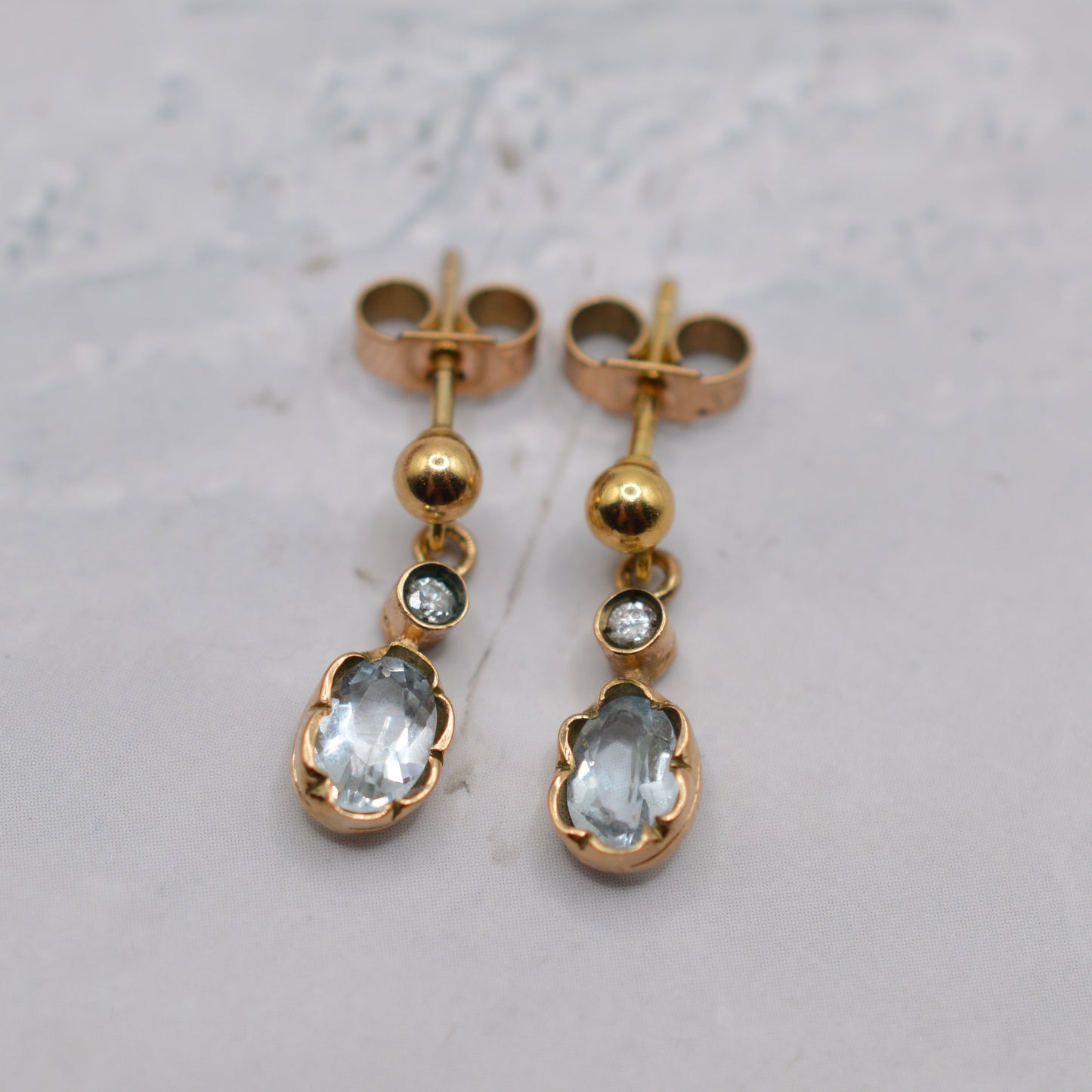 1980s 9ct Gold Aquamarine & Diamond Drop Earrings