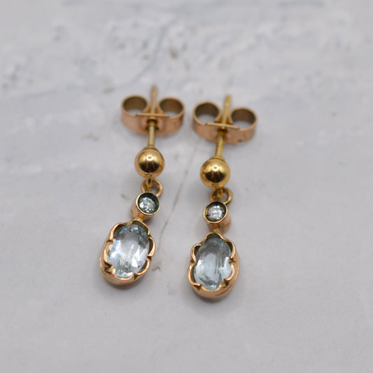 1980s 9ct Gold Aquamarine & Diamond Drop Earrings