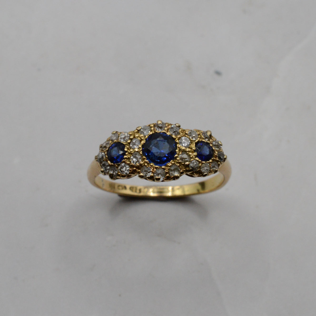 1906 Edwardian Antique 18ct Gold Sapphire & Diamond Trilogy Cluster Ring