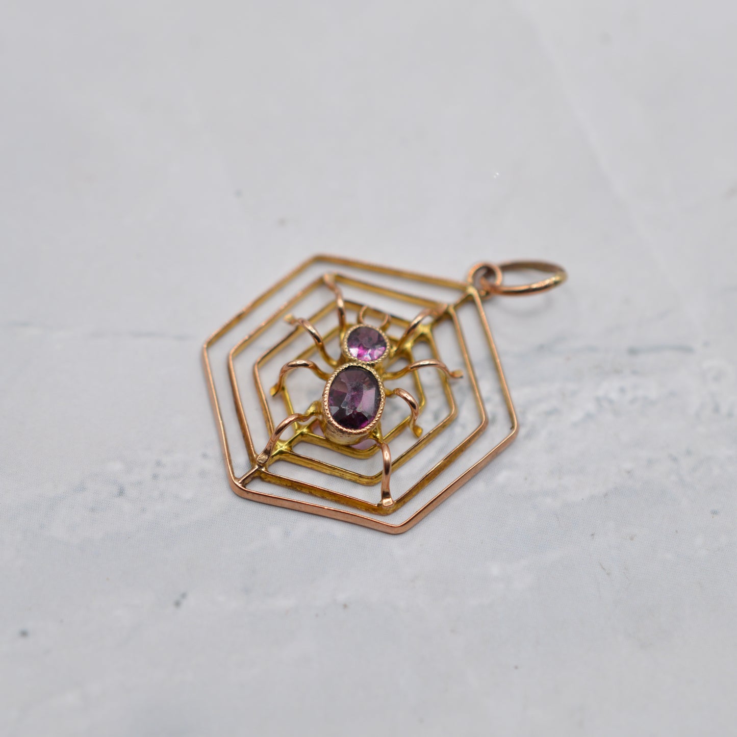 Antique 9ct Gold Pink Tourmaline Spider Web Pendant