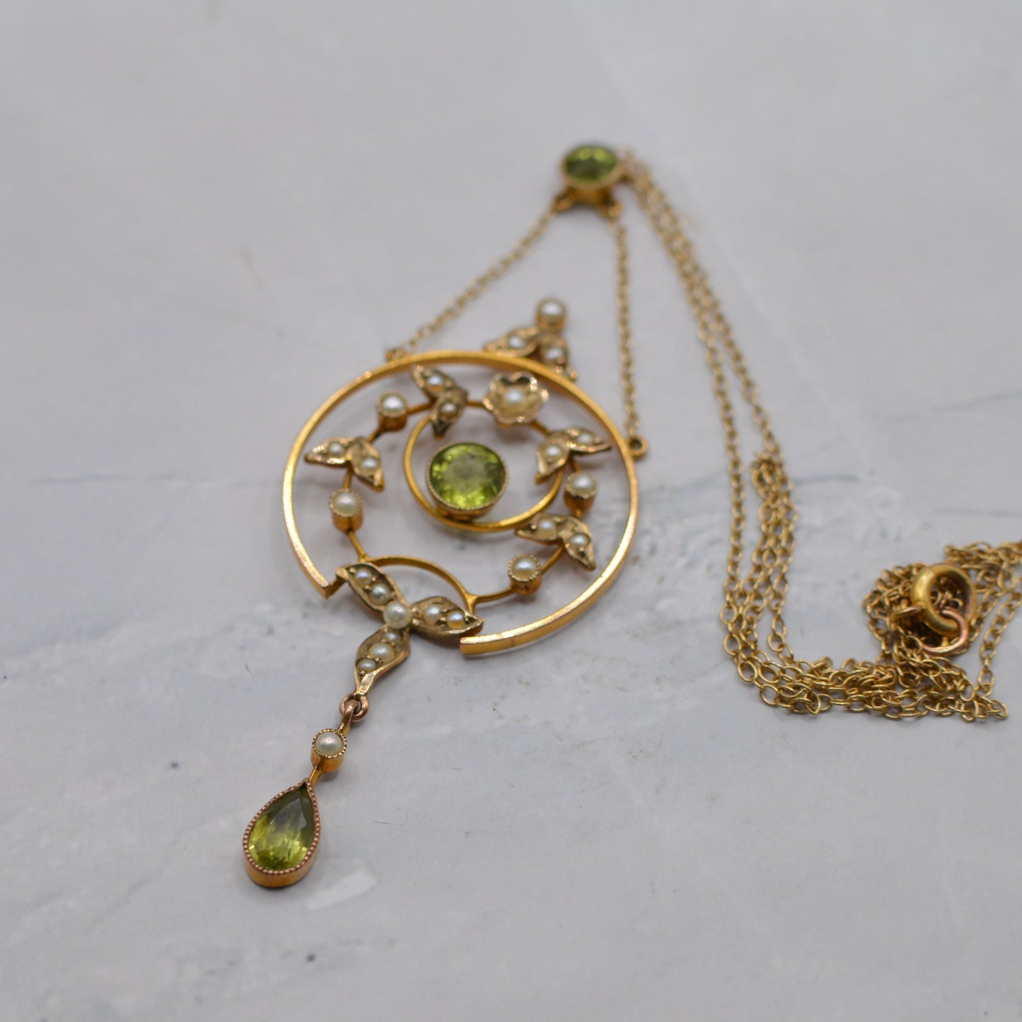 Antique Art Nouveau 9ct Gold Pearl & Peridot Lavalier Necklace (17”)