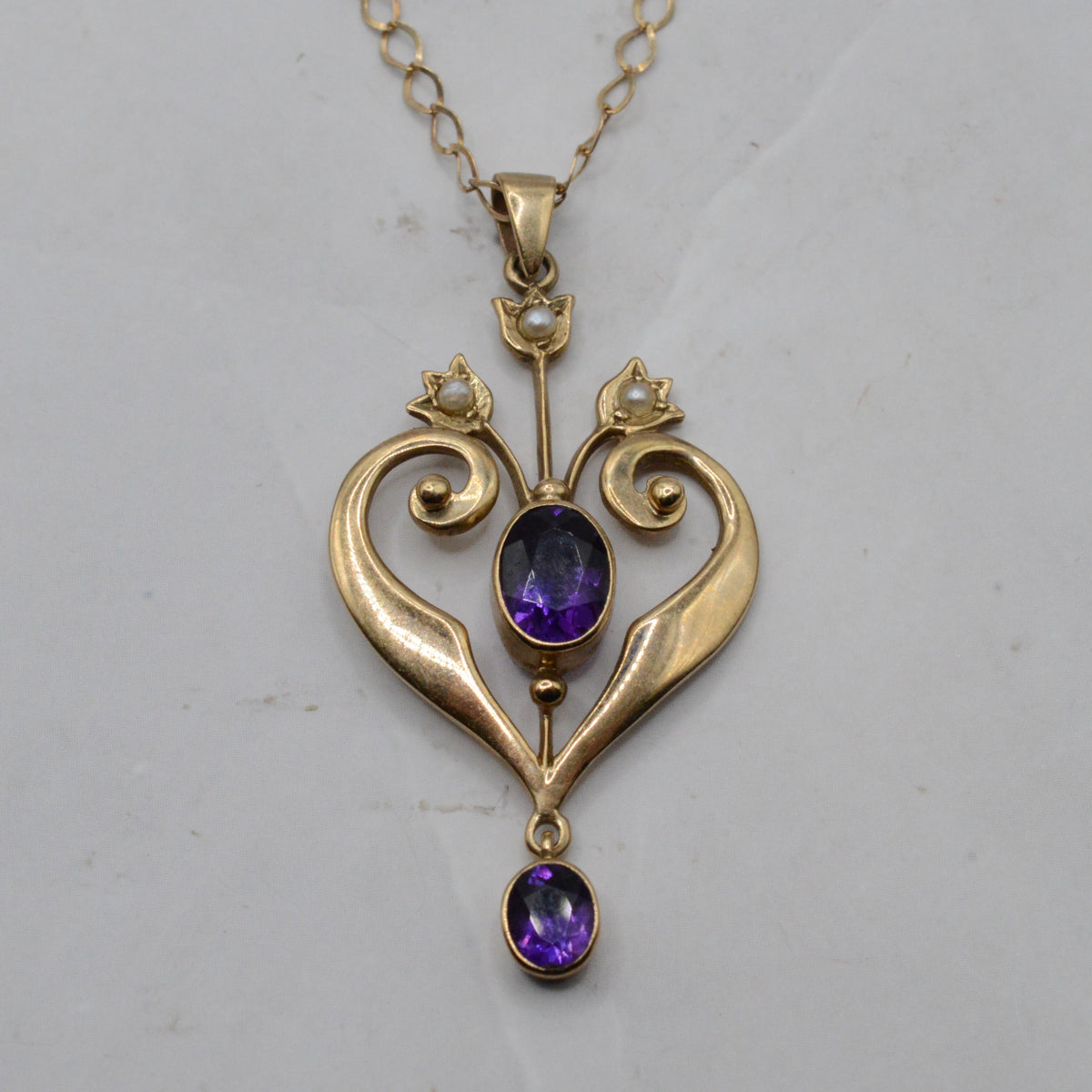 1990s 9ct Gold Amethyst & Pearl Lavalier Pendant Necklace (18")
