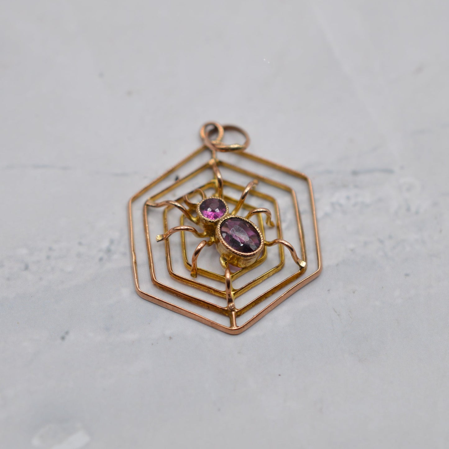 Antique 9ct Gold Pink Tourmaline Spider Web Pendant