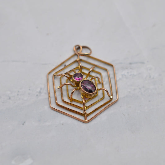Antique 9ct Gold Pink Tourmaline Spider Web Pendant