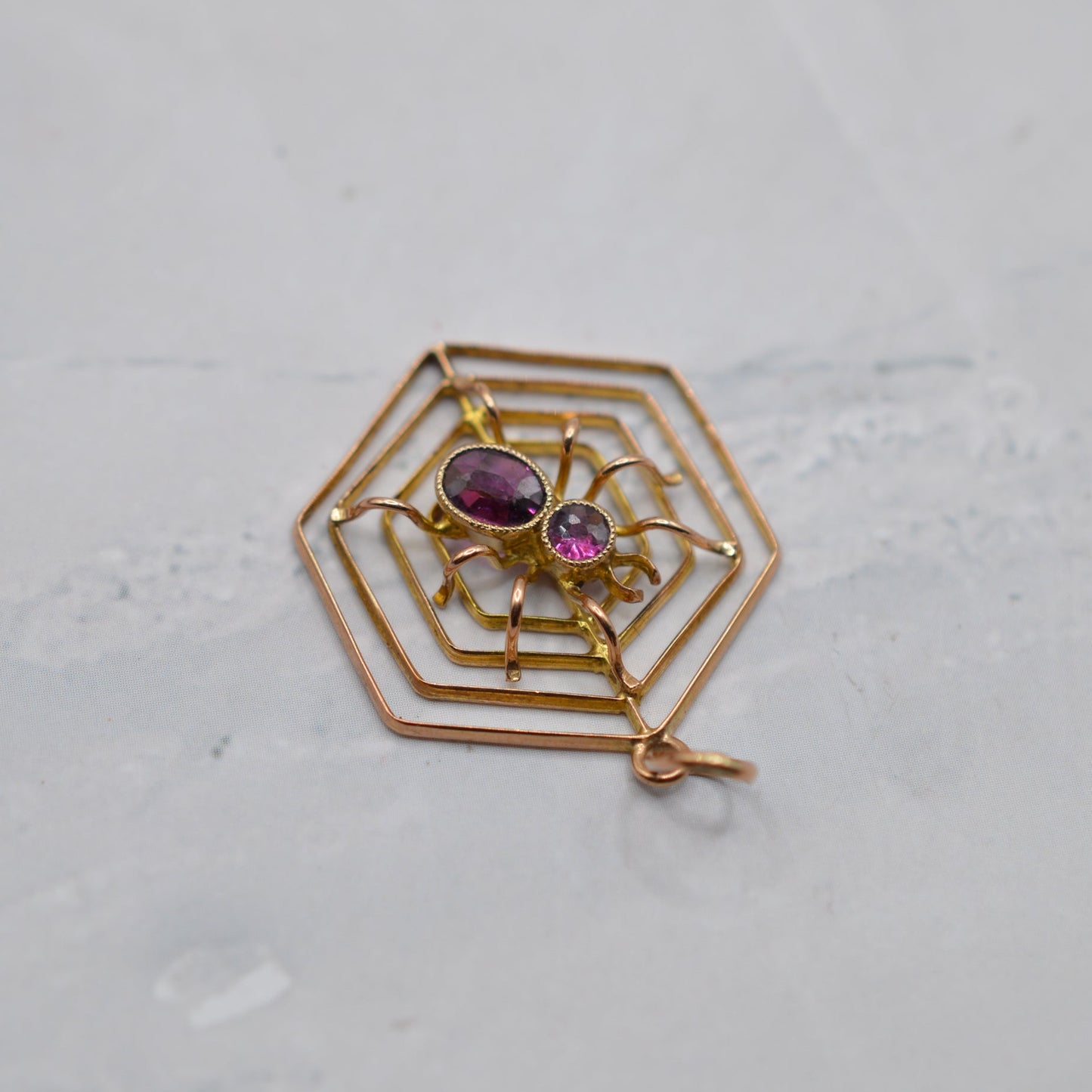 Antique 9ct Gold Pink Tourmaline Spider Web Pendant