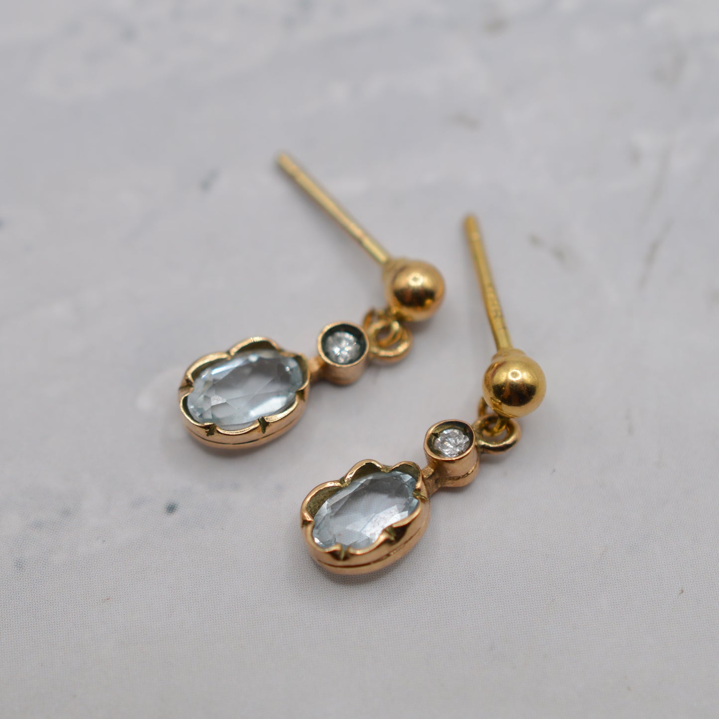1980s 9ct Gold Aquamarine & Diamond Drop Earrings