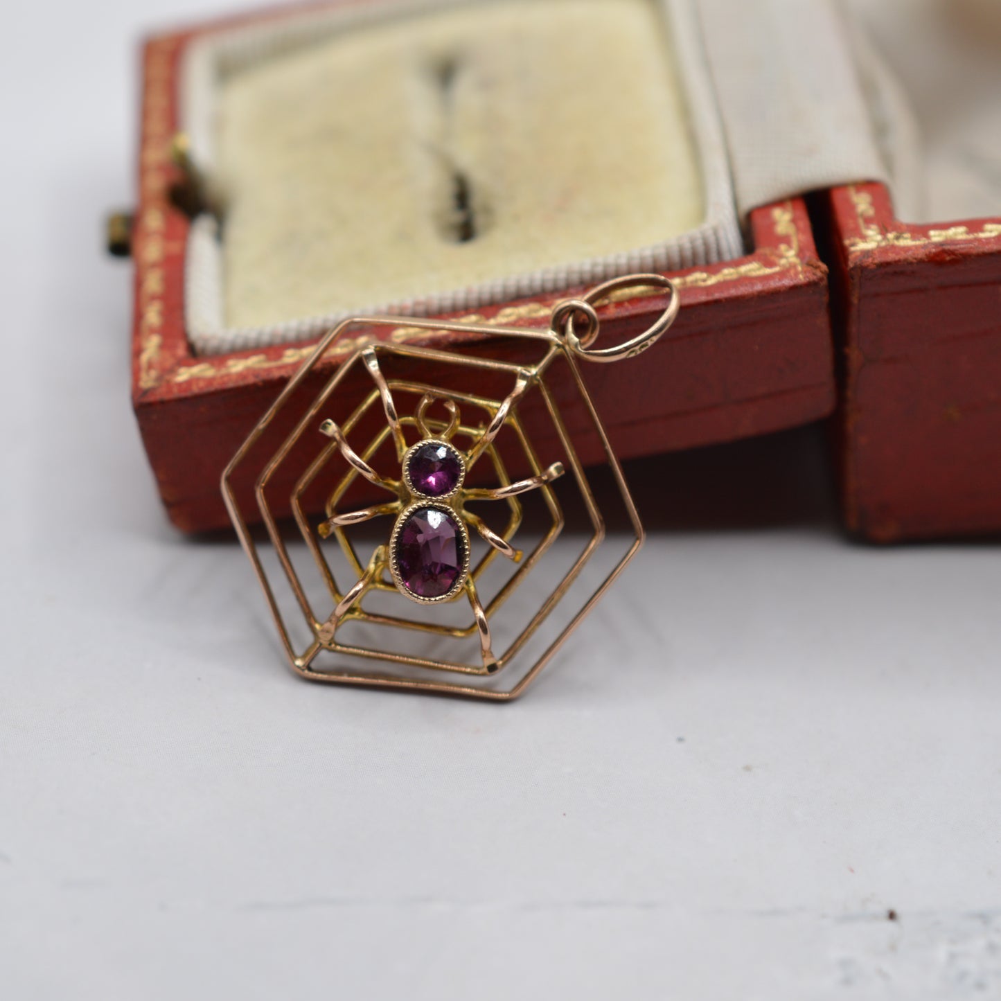 Antique 9ct Gold Pink Tourmaline Spider Web Pendant
