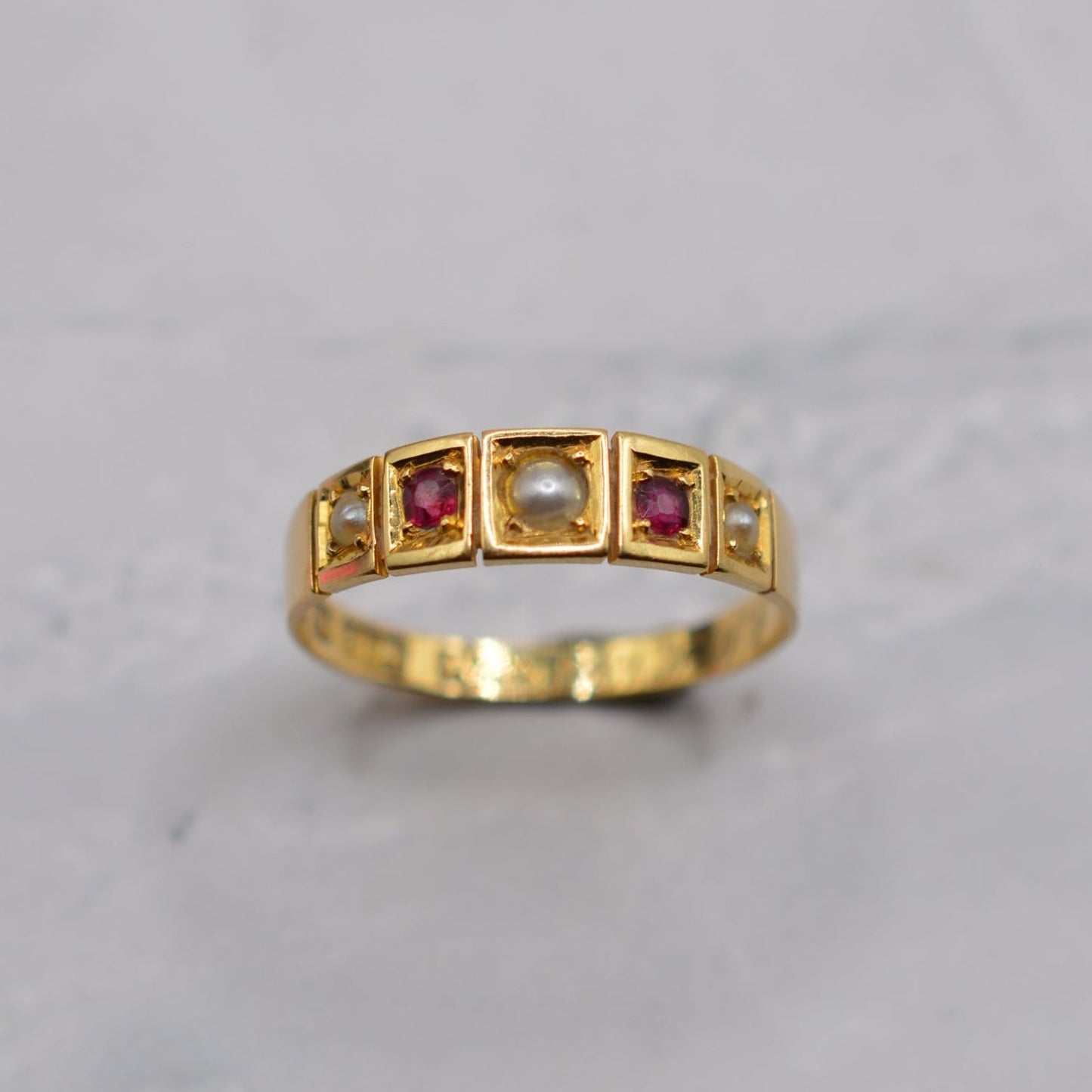 Antique 1897 18ct Gold Ruby & Pearl Five-Stone Ring