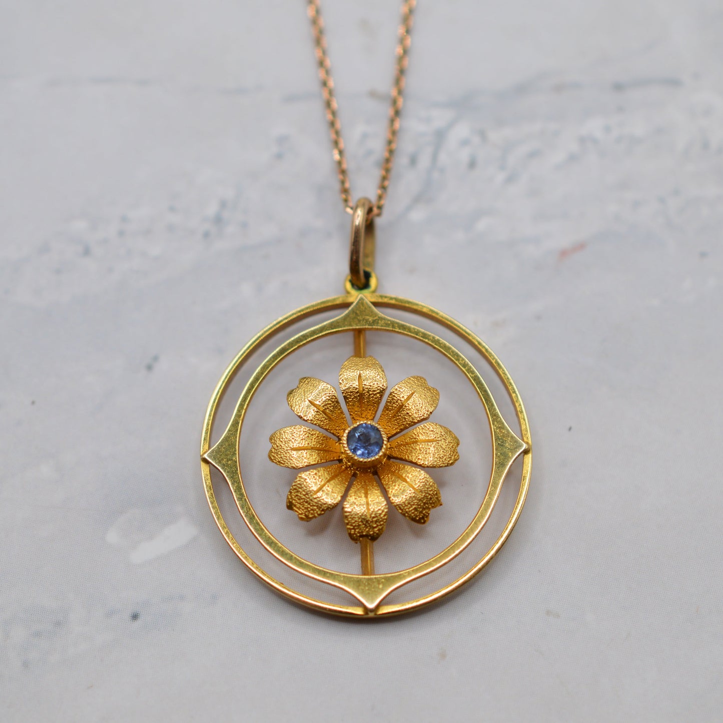 Antique Edwardian 15ct Sapphire Floral Pendant on 9ct Gold Chain (16”)