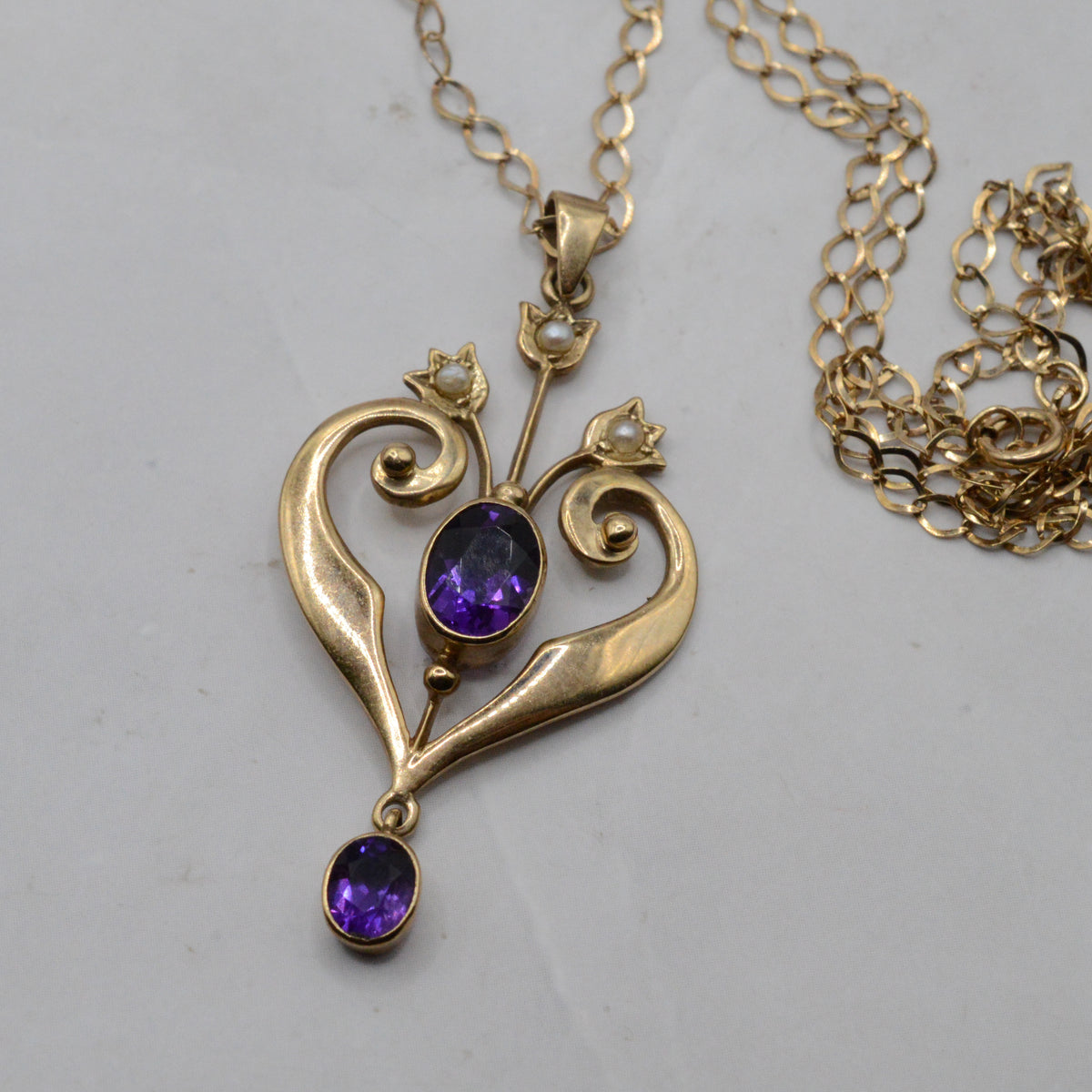 1990s 9ct Gold Amethyst & Pearl Lavalier Pendant Necklace (18")