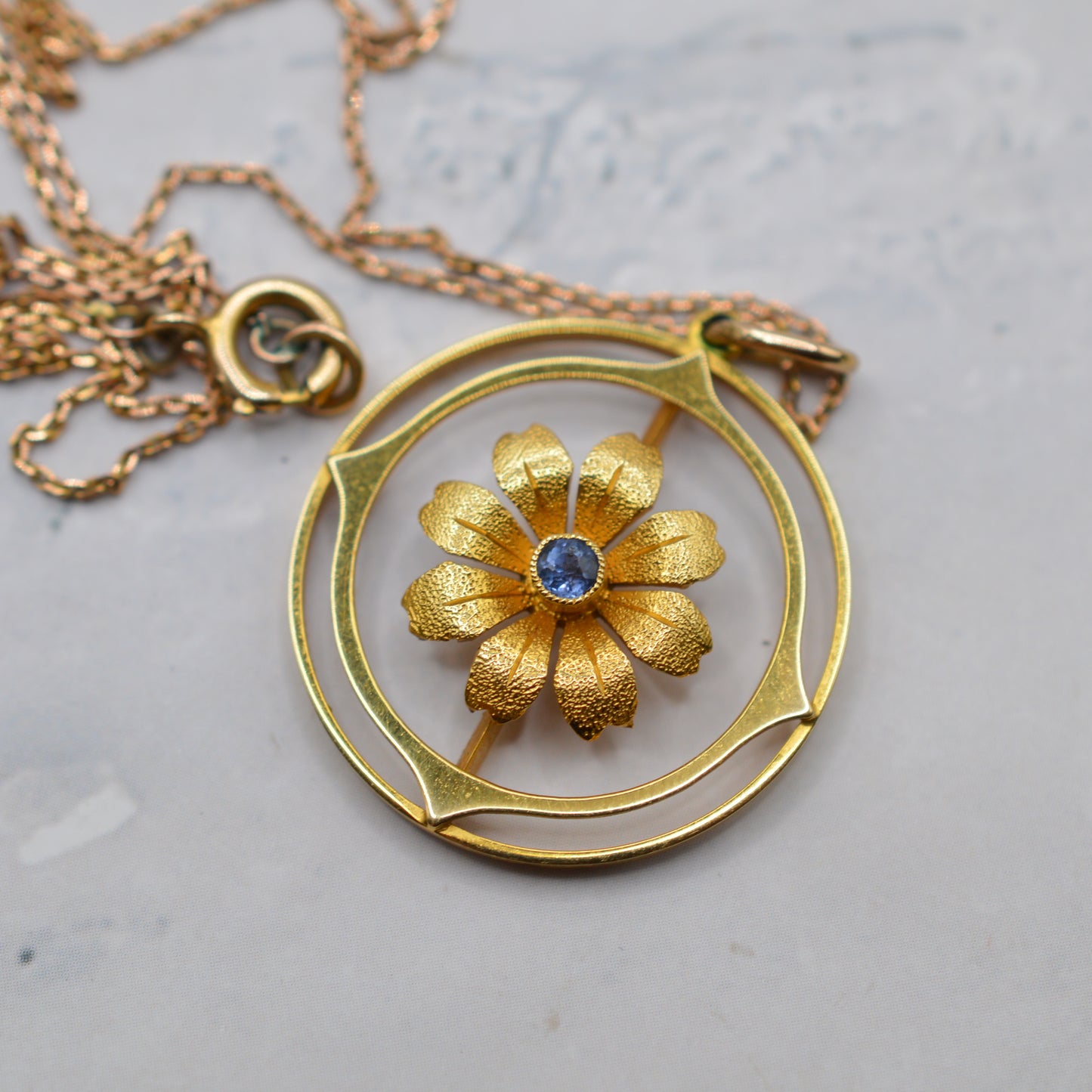 Antique Edwardian 15ct Sapphire Floral Pendant on 9ct Gold Chain (16”)