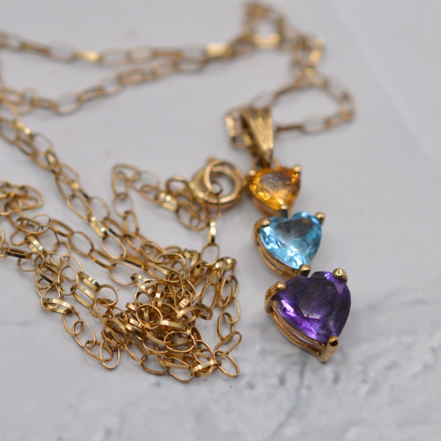 9ct Gold Heart Citrine, Topaz, and Amethyst Trilogy Pendant Necklace