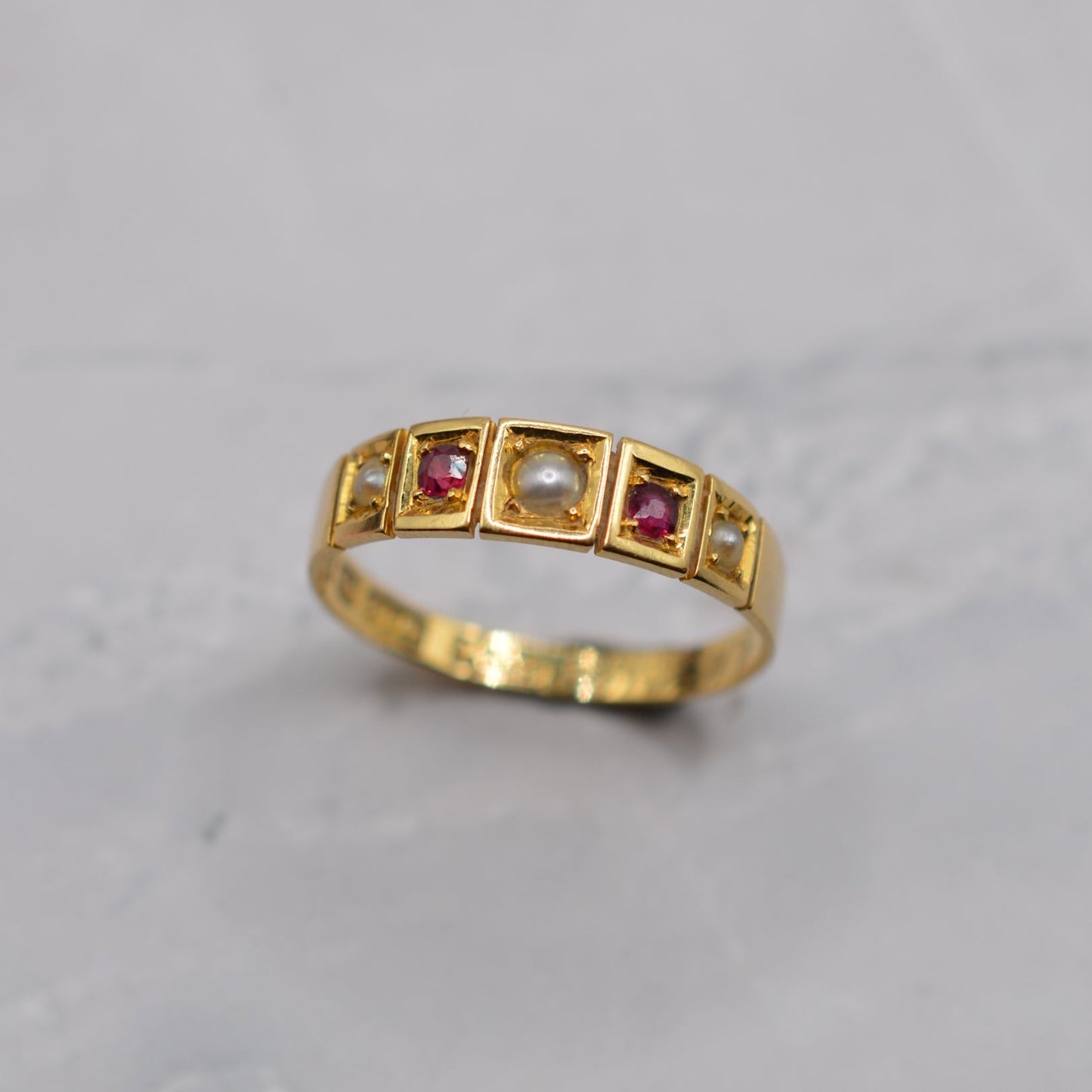 Antique 1897 18ct Gold Ruby & Pearl Five-Stone Ring